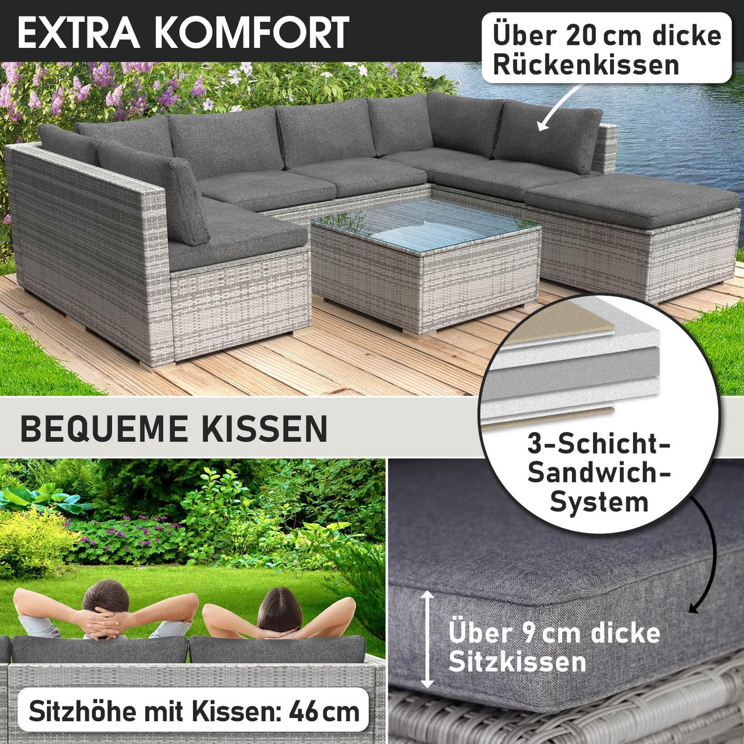 BRAST® Gartenmöbel Lounge Set | 4-5 Personen viele Modelle & Farben | inkl. extra Dicke Kissen | TÜV geprüft | Outdoor Loungemöbel Sitzgruppe Essgruppe Garnitur | Harmony Schwarz