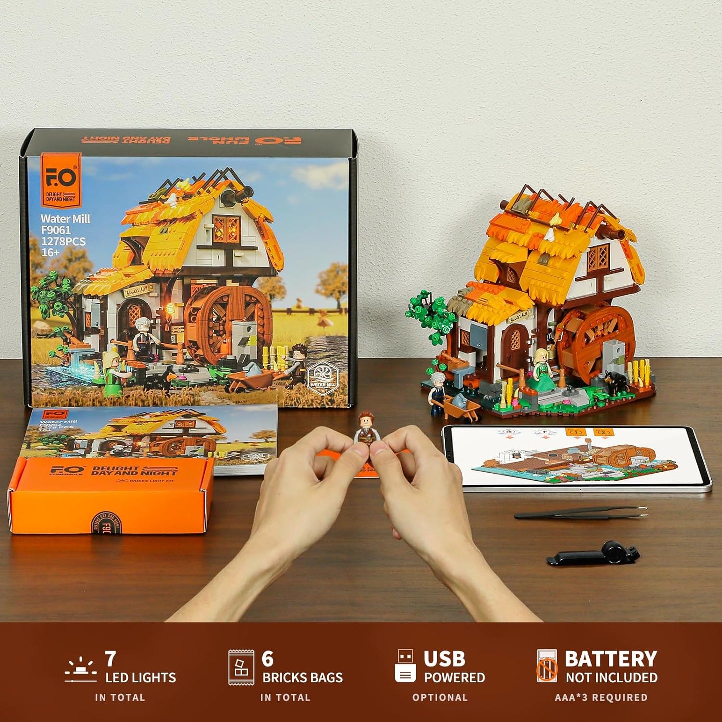 FUNWHOLE Mittelalter-Mühle Beleuchtungsstein-Set – Bewegliche Mühle mit Wasserad und Beleuchtung, 1278 Teile, Sammlerstück für Mittelalter-Fans