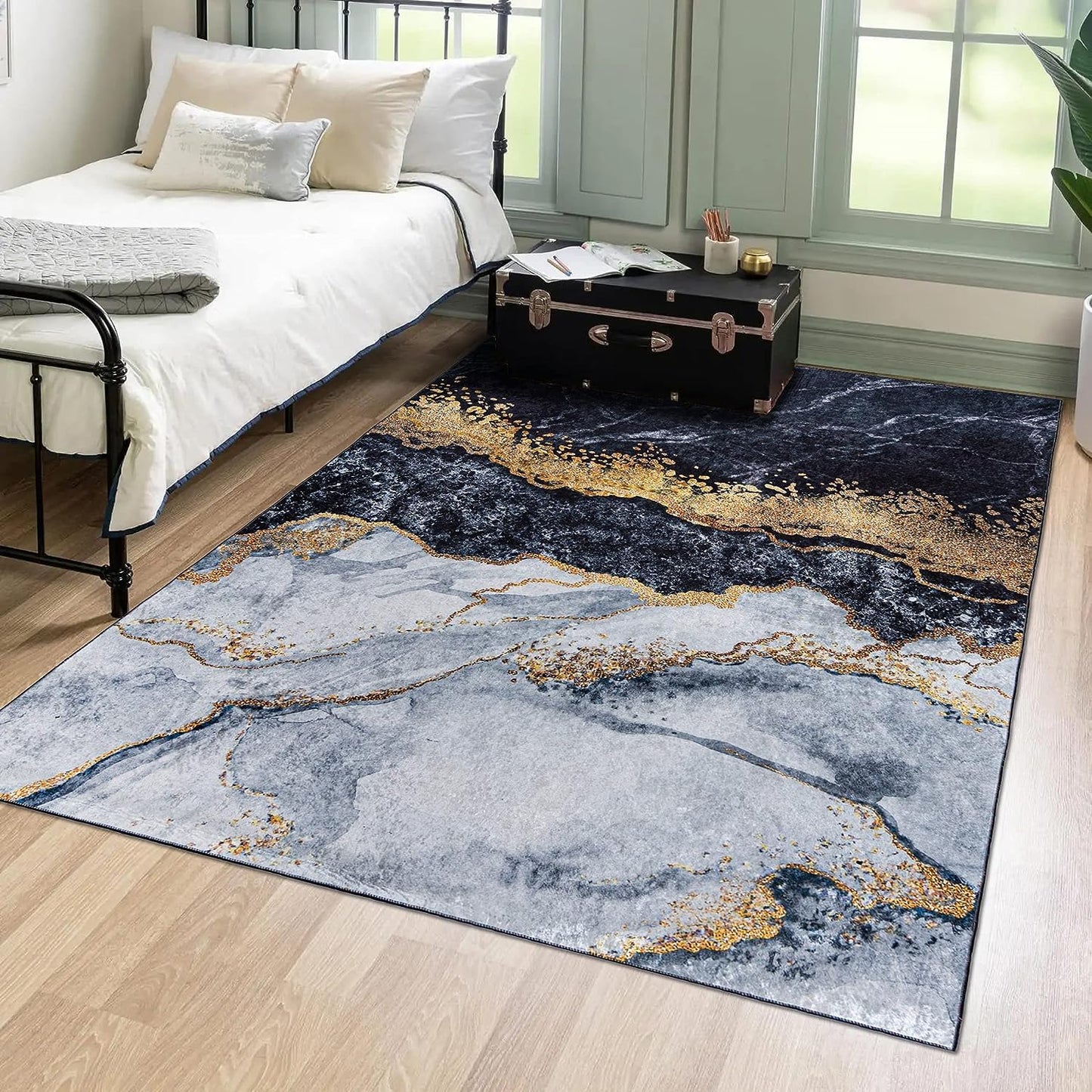 Mazovia Modern Teppich - Kurzflor Waschbar - Weich Teppich für Wohnzimmer, Schlafzimmer, Esszimmer – Teppiche Marmor Abstrakt Muster - Schwarz Gold 160 x 230 cm
