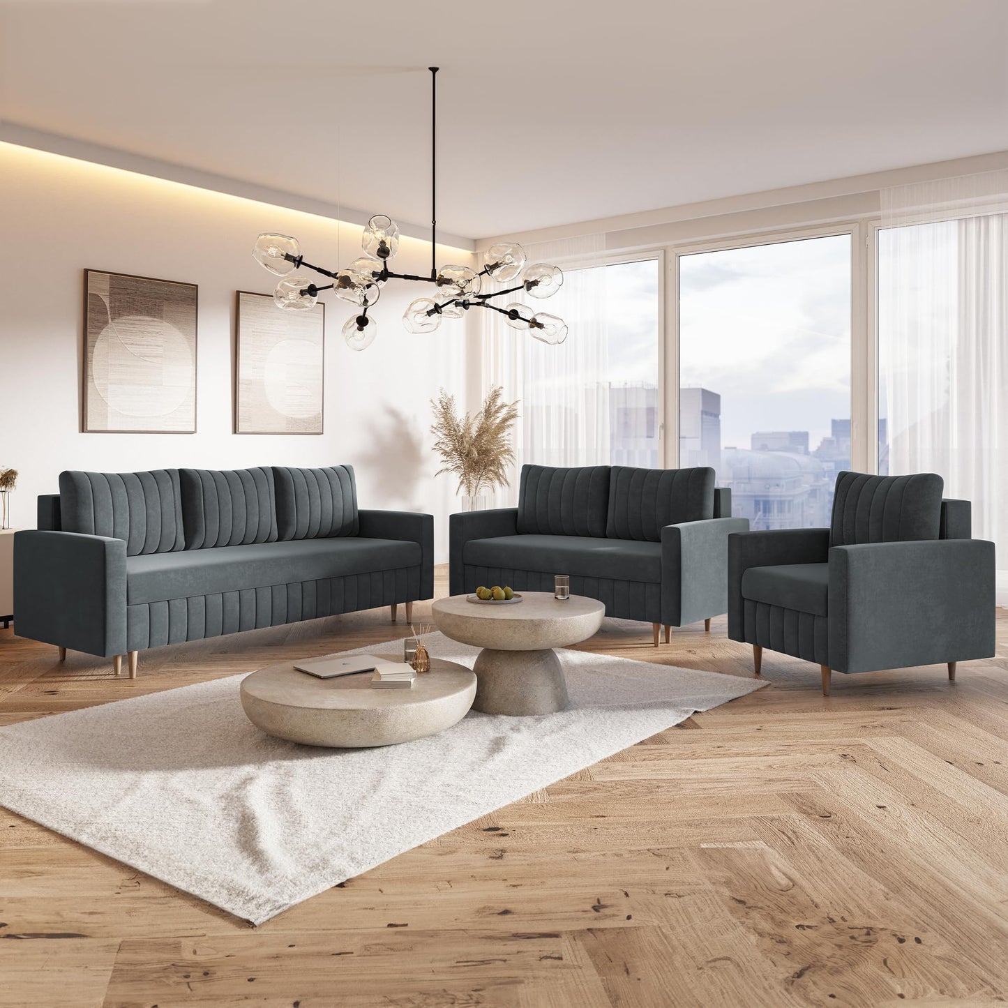 MOTIVENA Leo Sofa Set, Sofa Set 3 2 1 Living Room, Sofa 3 2 1 Set, Couch Set, Futon Set, Living Room Couch Set, Couch 3 2 1 Set, Bonell Spring Core (H4), Velvet, Grey Light Grey