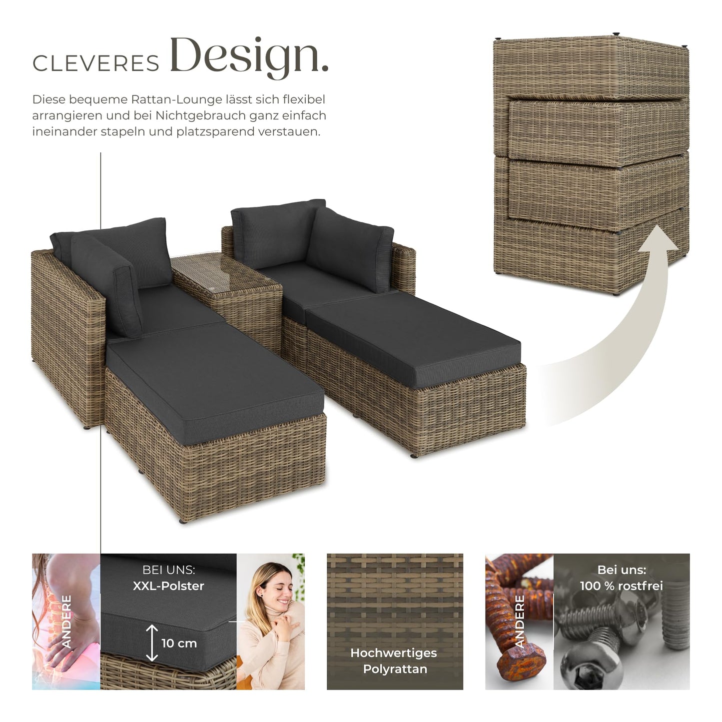 tectake® Luxus Rattan Lounge Set Outdoor, modulares Sofa mit Couch Tisch und Hocker, Balkon Möbel, Garten, Terrasse, Gartenmöbel Set wetterfest, Balkon Lounge, Gartenlounge - Natur