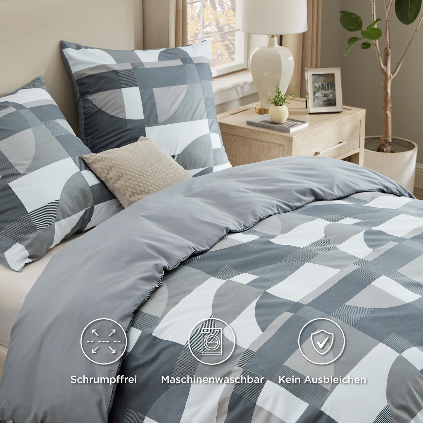 BEDSURE Bettwäsche 135x200 4teilig Bettbezug - Bettwäsche-Sets 135 x 200 cm 2er Set mit 2 Kissenbezüge 80x80cm, ÖKO-TEX Wendebettwäsche Bedding Zweige Grau Muster mit Reißverschluss