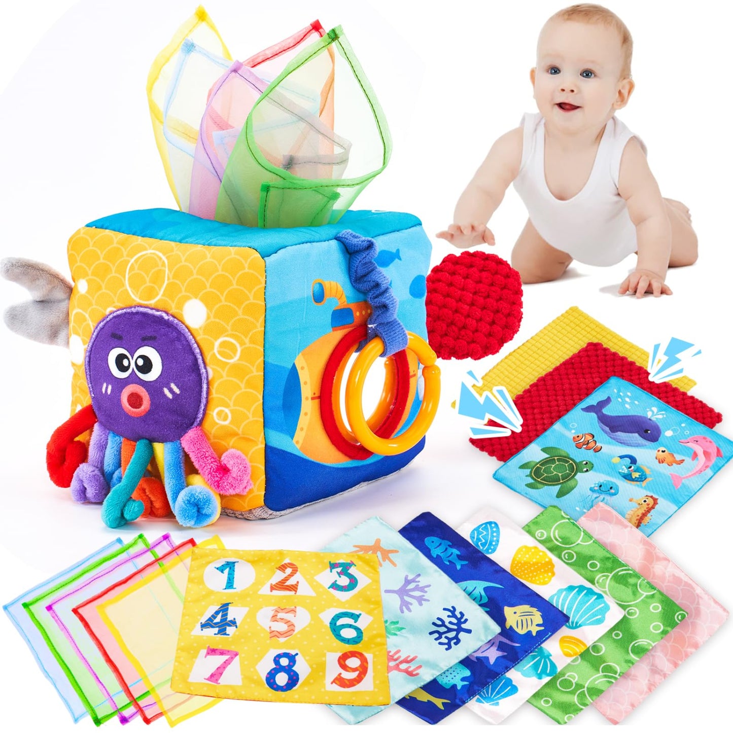 hahaland Baby Spielzeug 6 12 Monate Tissue Box, Montessori Toy Sensorik motorik Spielzeug, Stofftücher Kontrastreiche Farben Lernen Sensorische Spielzeug für Jungen Mädchen Geschenke