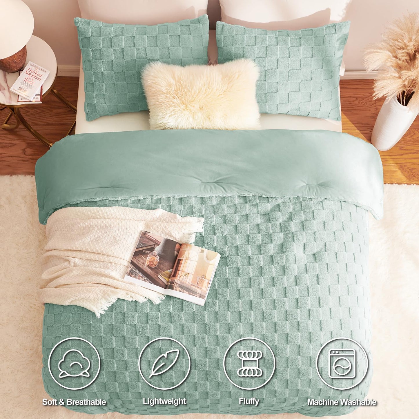 CozyLux Queen Size Comforter Set Blush Pink, Fluffy Plush Fleece Comforter with Checkered Pattern, Farmhouse Boho Soft Warm Bed Set, 3 Pieces, 1 Comforter and 2 Pillowcases
