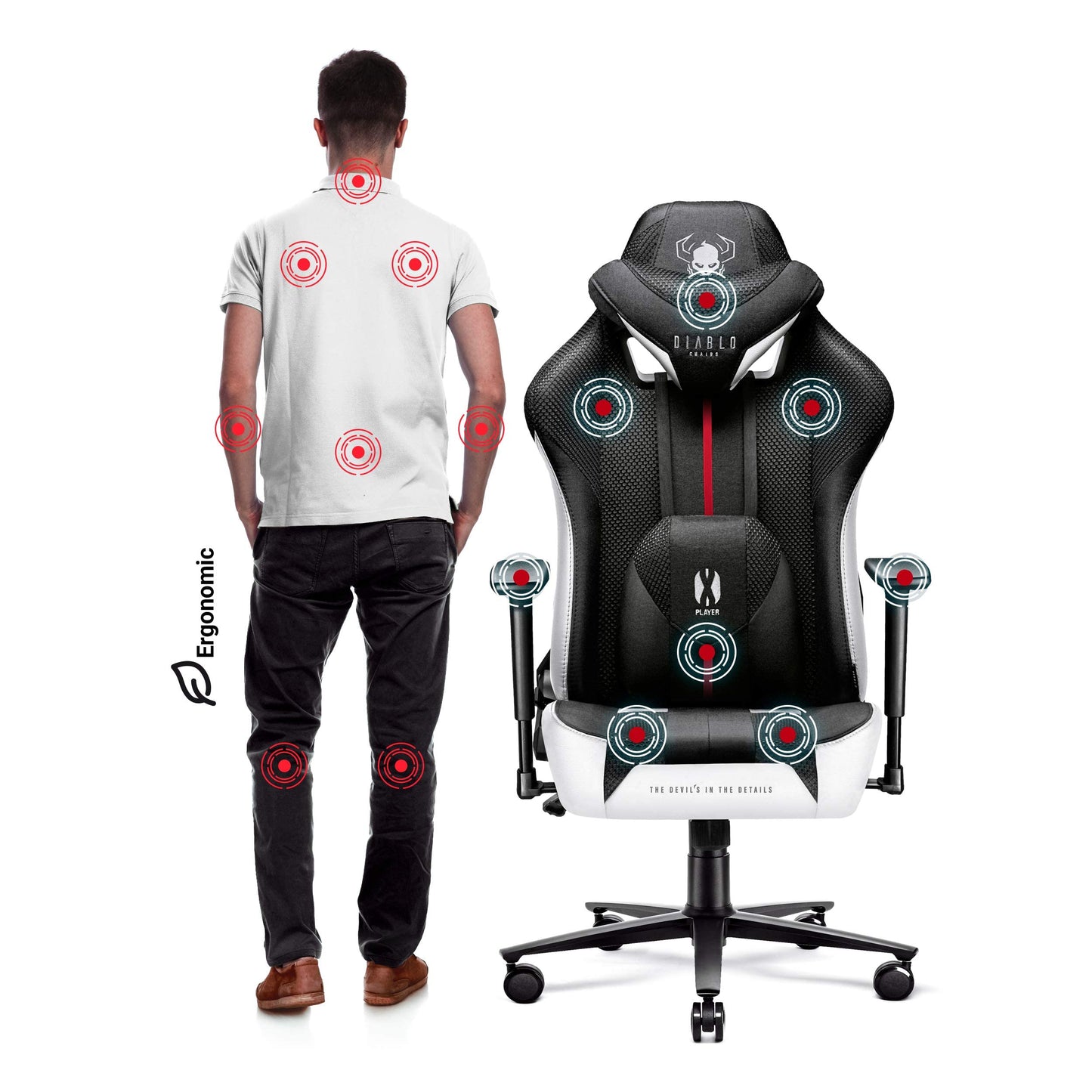 Diablo X-Player Gaming Stuhl Bürostuhl Schreibtischstuhl Stoff 3D Armlehnen Ergonomisches Design Nacken/- Lendenkissen (Frost Black, Normal (L))