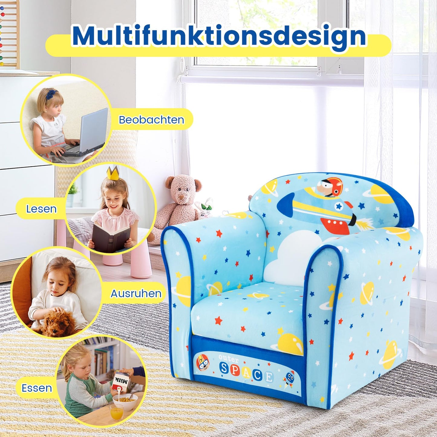 COSTWAY Children's Armchair Children's Sofa Children's Couch Baby Chair for Girls and Boys Children's Furniture Children's Chair Foam (Spaceship)