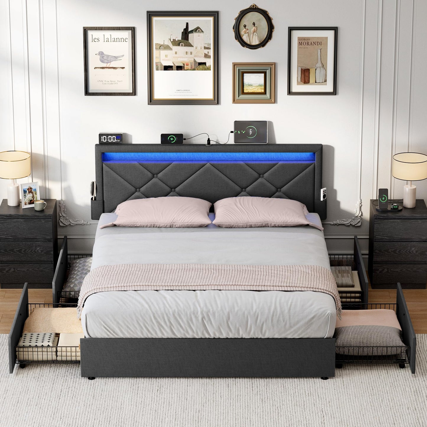 VASAGLE Double Bed Frame - Fits 140 x 200 cm Mattress - LED Metal Bed - 4 Drawers - Charging Station - Adjustable Padded Headboard - Slate Grey RMB827G02