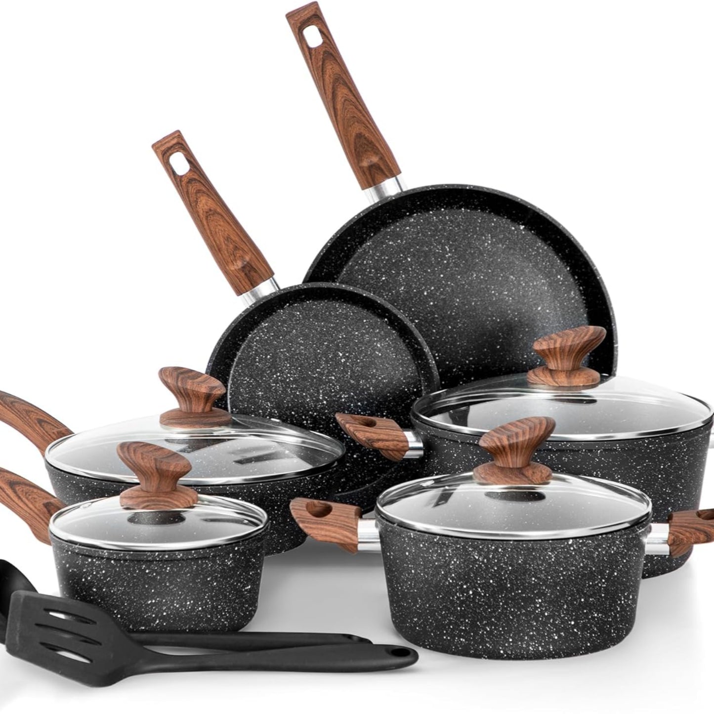 Topf und Pfannenset Topfset 12tlg Antihaft-Versiegelung Kochgeschirr Set mit Deckel, Töpfe und Pfannen set für Induktion, Gasherde und Mikrowelle, Induktions Töpfe Set Schwarz