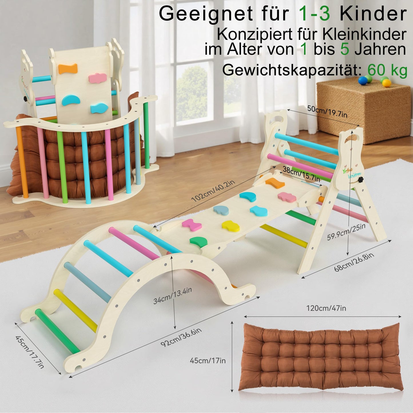 Yrthe Voitom Climbing Frame Indoor Gifts Boys Girls Montessori Toy from 1.5 2 3 4 + Years, Upgrade 7-in-1 Climbing Triangle with Slide, Climbing Arch, Cushion, Climbing Wall, Rainbow