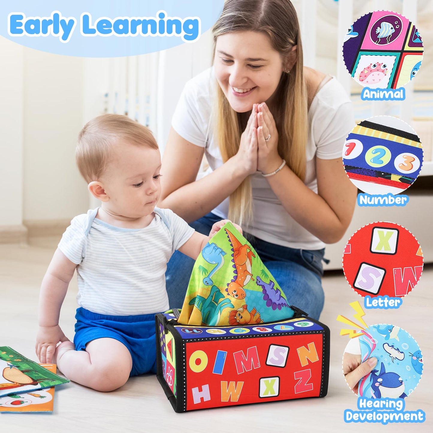 URMYWO Baby Toy 6 Months, Tissue Box Toy - Montessori - Sensory Technology, Contrast Baby Toy 0 6 12 Months, Boys Girls Children Early Learning Toy Baby Gift