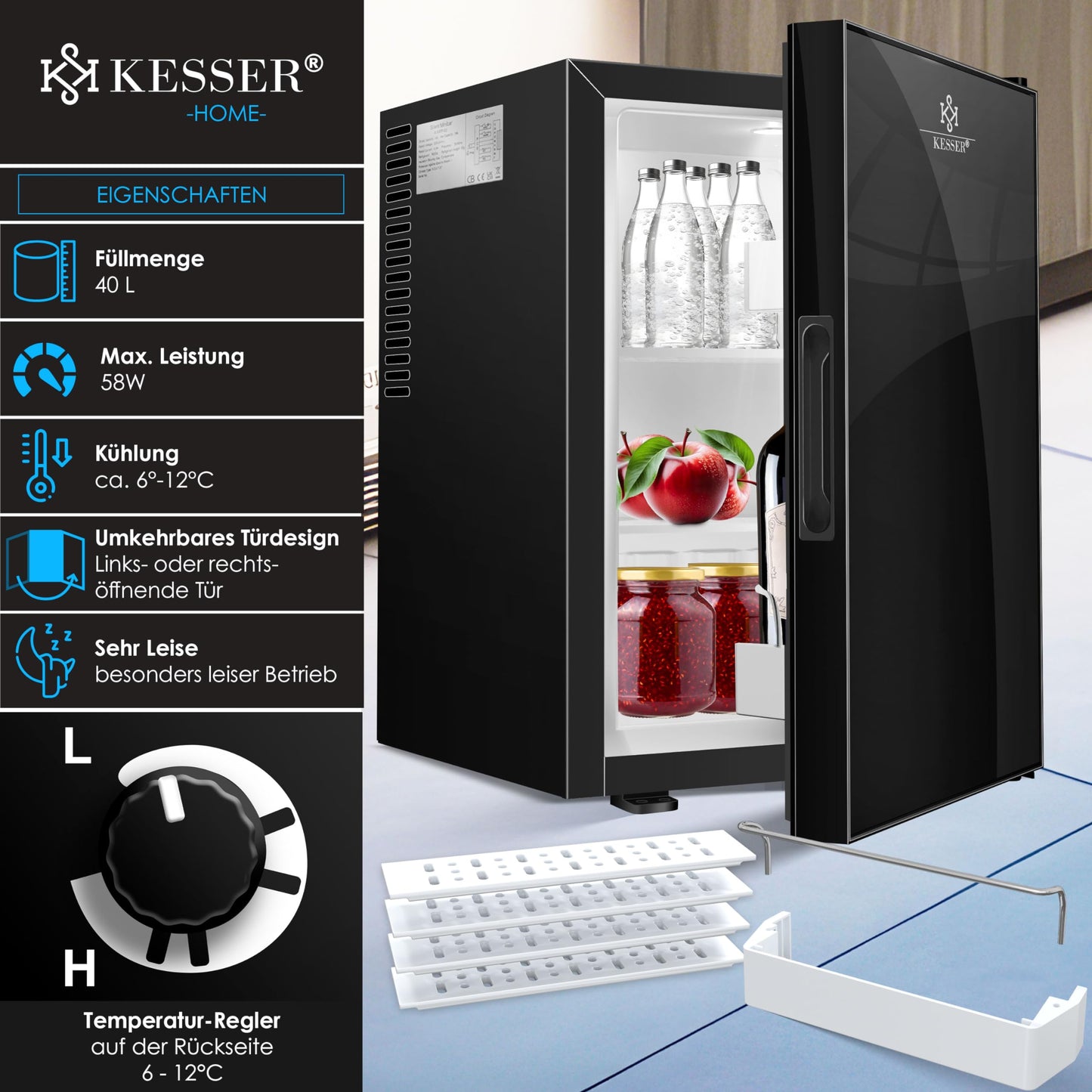 KESSER® Mini Fridge 40 L Lockable Mini Bar Ideal for Camping, Office, Bedroom, Hotel, Kitchen, Small Fridge Completely Silent, Interchangeable Door Hinge, Interior Lighting with Glass Opener