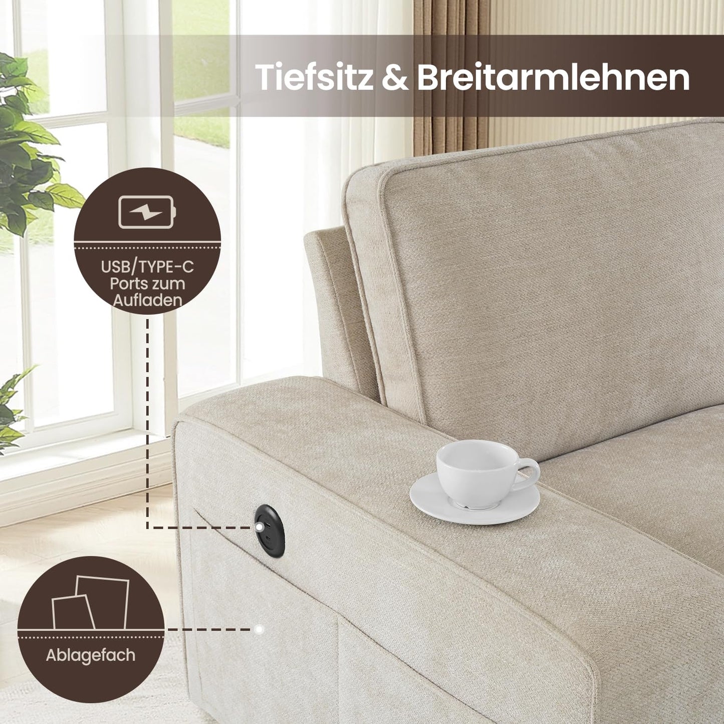 DUANDUAN 250CM Convertible Sektionssofa Couch mit Chaise Lagerung, Moderne L-förmige Reversible Design, Bequeme Chenille Stoff, abnehmbare Kissenbezüge USB Typ-C Ports Wohnzimmer(Beige)