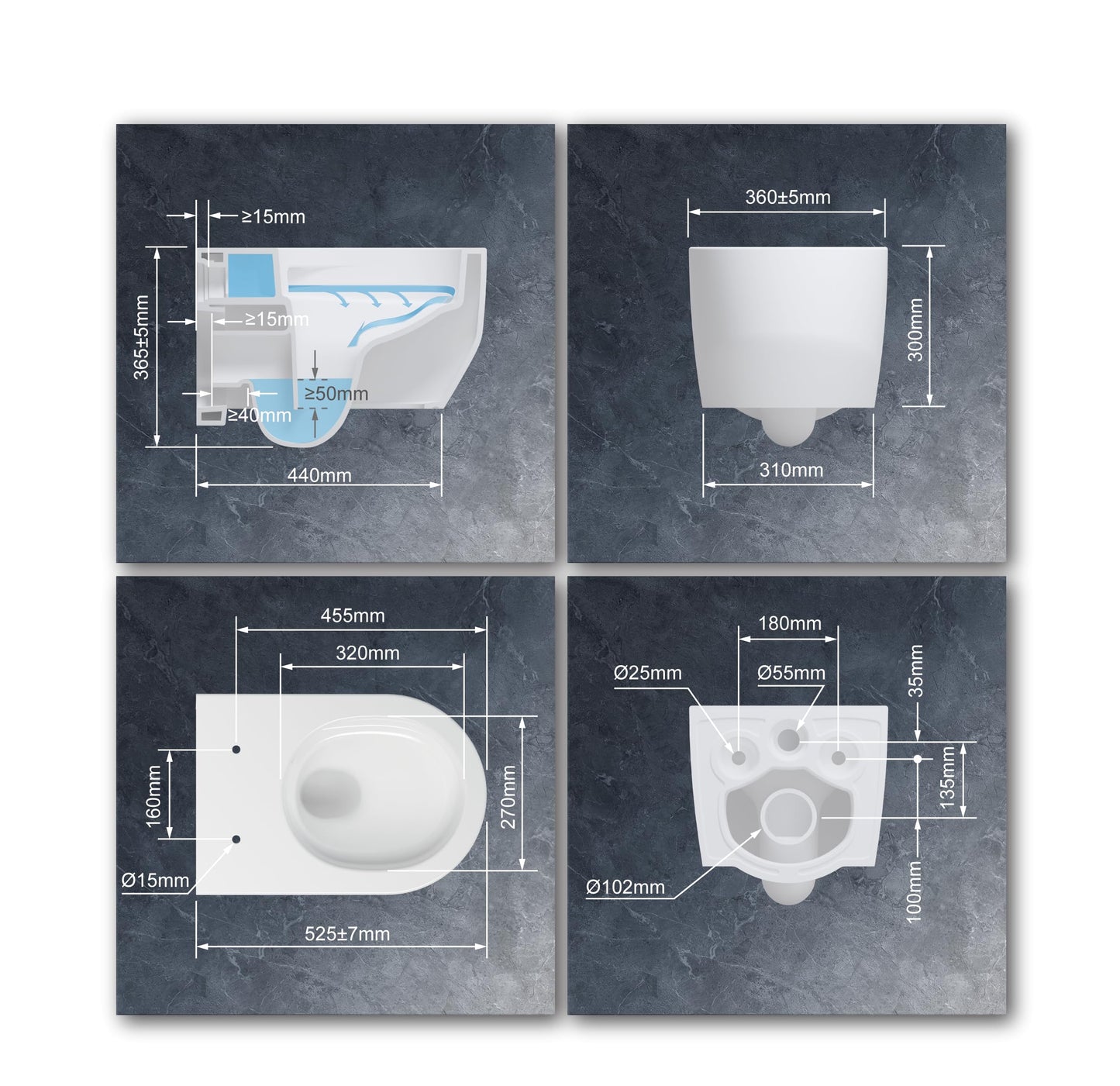 UDiseño Wall Toilet Rimless Toilet, 360° Superspin Flush Hanging Toilet, Raised Complete Set, D Shape, Low Noise Tornado Toilet Flush, UF Lid Seat with Soft-Close Mechanism, 52.5 cm Long, White