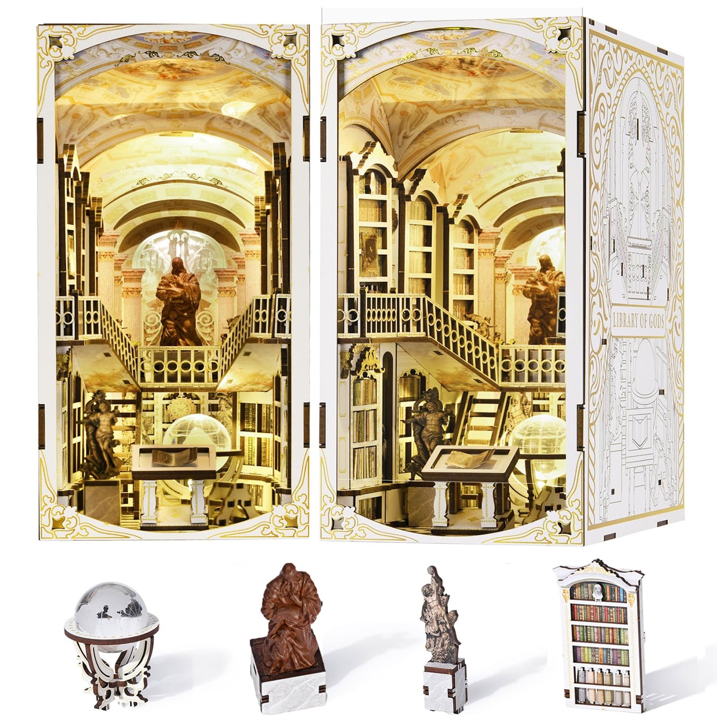 MiniCity Book Nook Kit, DIY Miniature Dollhouse Booknook Kit, 3D Wooden Puzzle Bookend Bookshelf Insert Decor for Teenagers and Adults (Library of Gods Max)