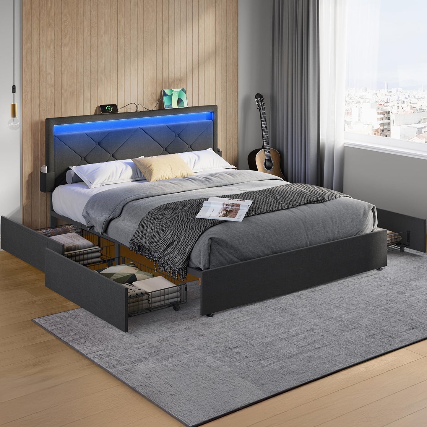 VASAGLE Double Bed Frame - Fits 140 x 200 cm Mattress - LED Metal Bed - 4 Drawers - Charging Station - Adjustable Padded Headboard - Slate Grey RMB827G02