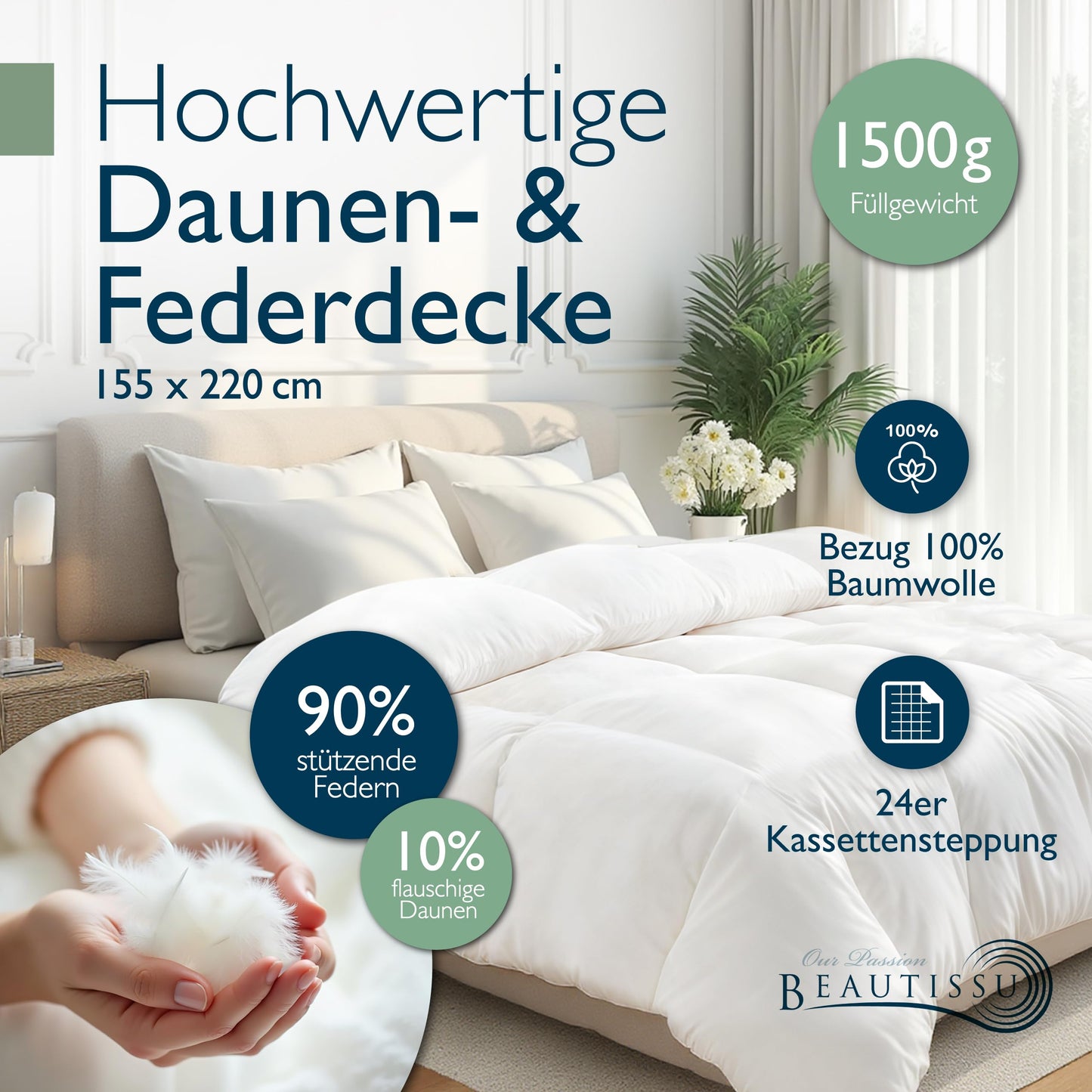 Beautissu All-Year Duvet Feather Duvet 135 x 200 cm with 100% Down and Feathers - Made in Germany - Oeko-Tex, Downpass & Nomite Certified - 100% Cotton Cover Down Duvet 135 x 200 cm Washable - GF