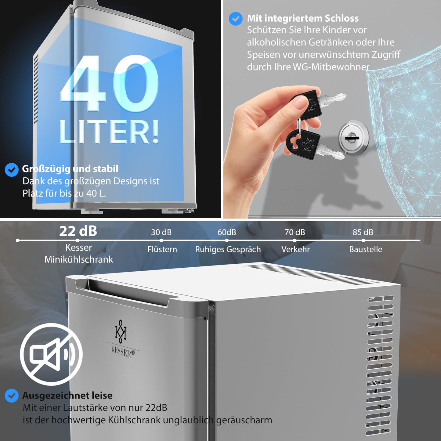 KESSER® Mini Fridge 40 L Lockable Mini Bar Ideal for Camping, Office, Bedroom, Hotel, Kitchen, Small Fridge Completely Silent, Interchangeable Door Hinge, Interior Lighting with Glass Opener