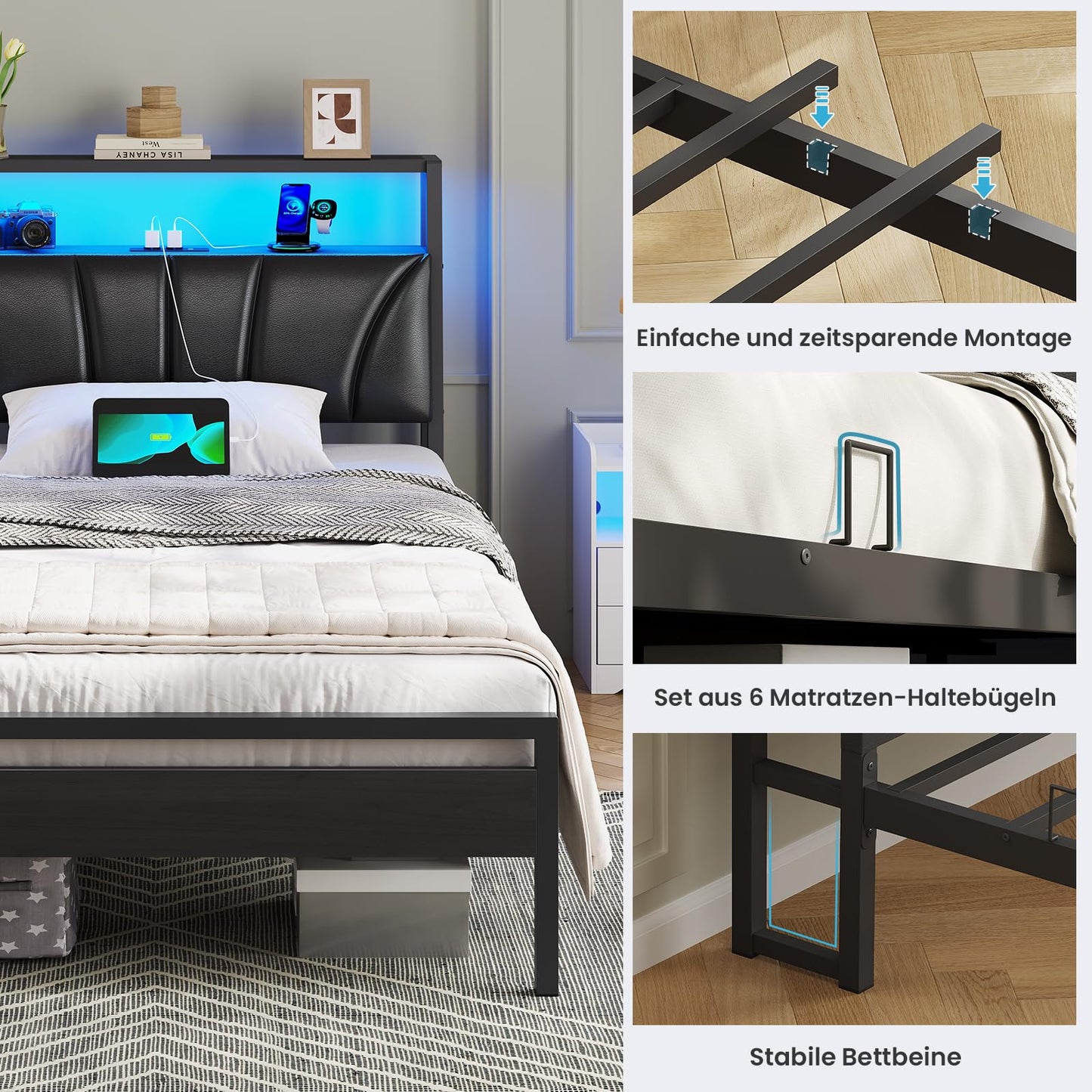 Brinlawb Bed 140 x 200 cm with Metal Slatted Frame, Bed Frame 140 x 200 cm with LED Lighting, Metal Bed 140 x 200 cm with Headboard and Charging Station (2 AC Sockets, 2 USB Ports), Youth Bed, Double