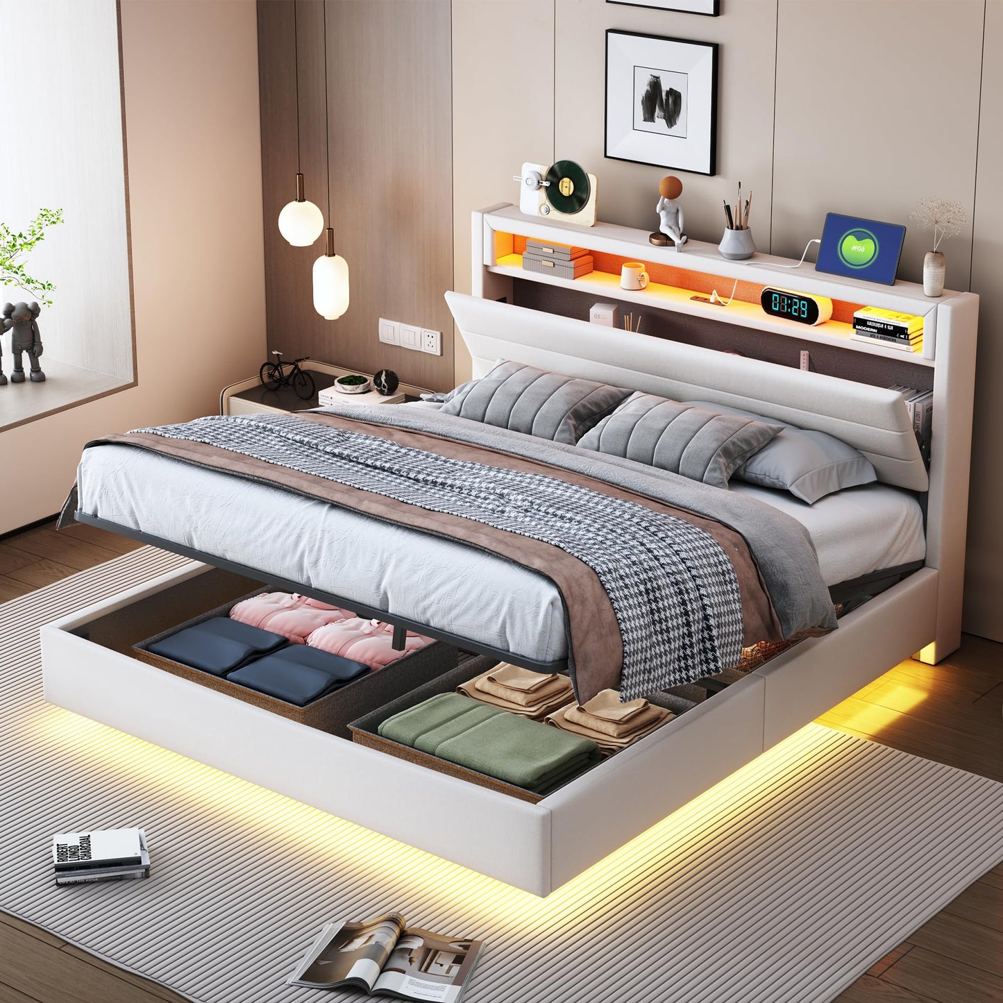 LAKFEW Upholstered Bed 140 x 200 cm, Double Bed Functional Bed with USB Socket and LED Lighting, Hanging Bed Headboard with Concealed Storage Space, Bed Frame Bed with Slatted Frame, Linen, Without