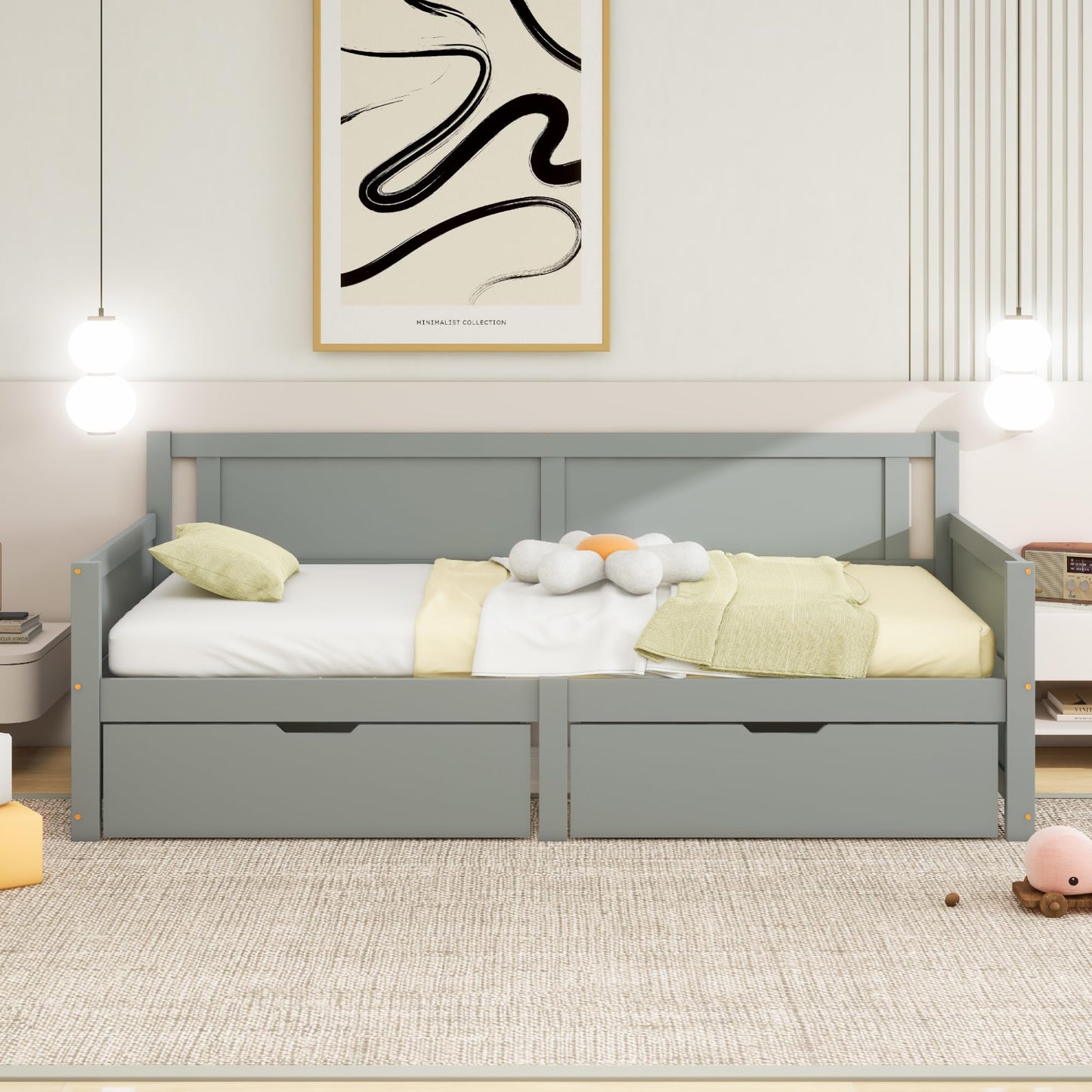 Children's Bed 90 x 200 cm, Wooden Bed with Drawers and Board, Headboard with Bookshelf and Fall Protection, Bed with Slatted Frame and Storage Space, Teenager's Bed, Functional Bed, Wooden Bed Frame,