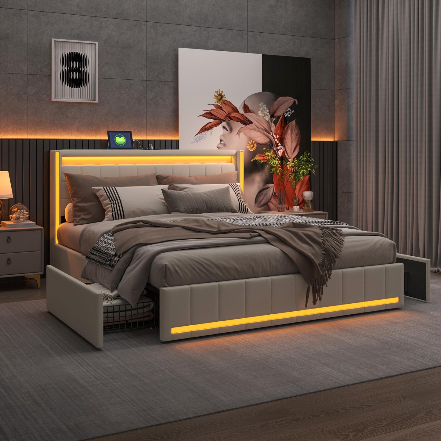 KeepGoon Doppelbett 140 x 200 cm,Polsterbett mit LED-Leuchten, 4 Eisenschubladen und einem USB Ladeanschluss,Stauraumbetten Bettgestell,Leinenstoff (Beige)