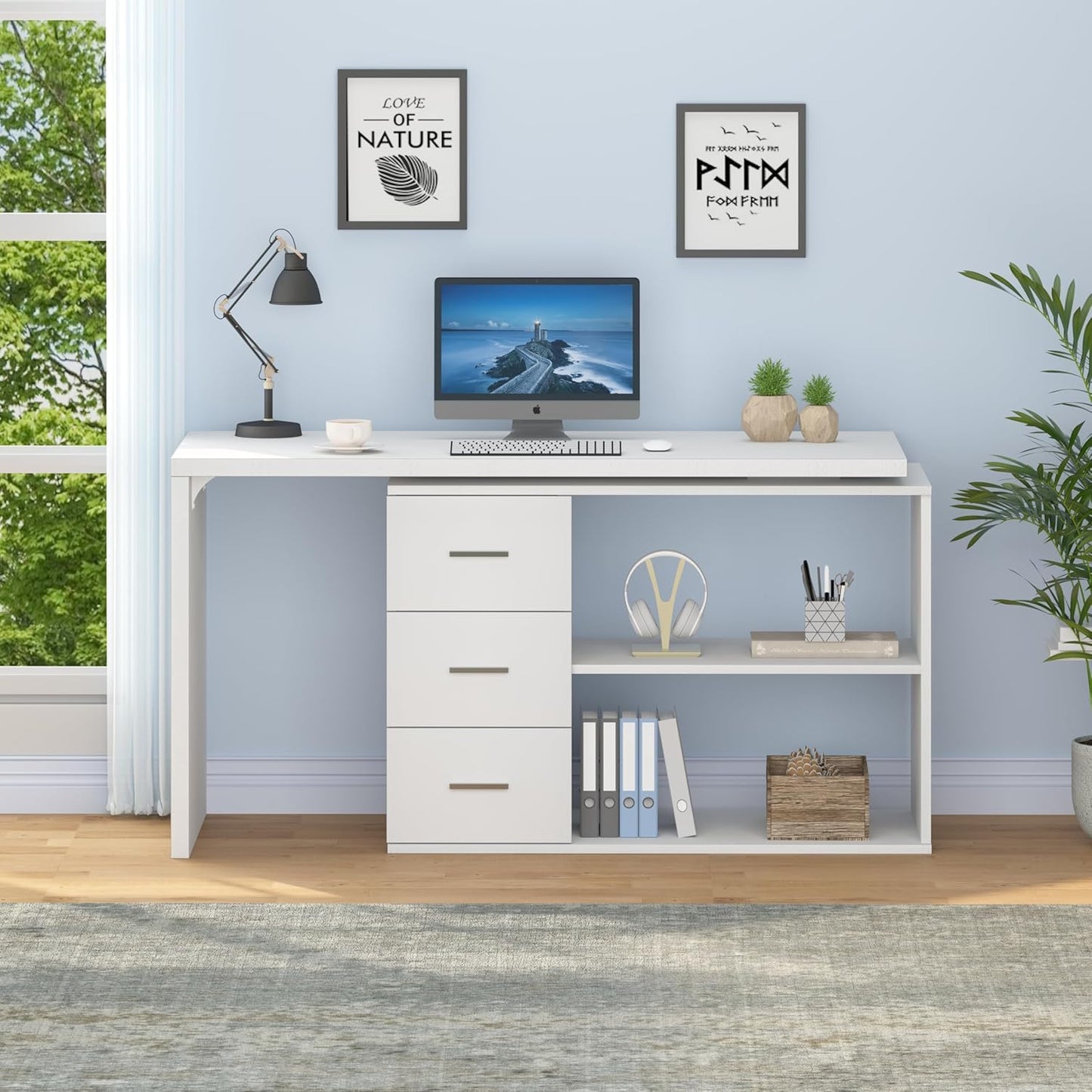 Mudmasa Schreibtisch Weiß Umkehrbarer Eckschreibtisch Computertisch Schreibtisch L Form mit Stauraum Bürotisch Eckschreibtisch mit 3 Schubladen und 2 Regalen für Büro Homeoffice 140x50x76 cm