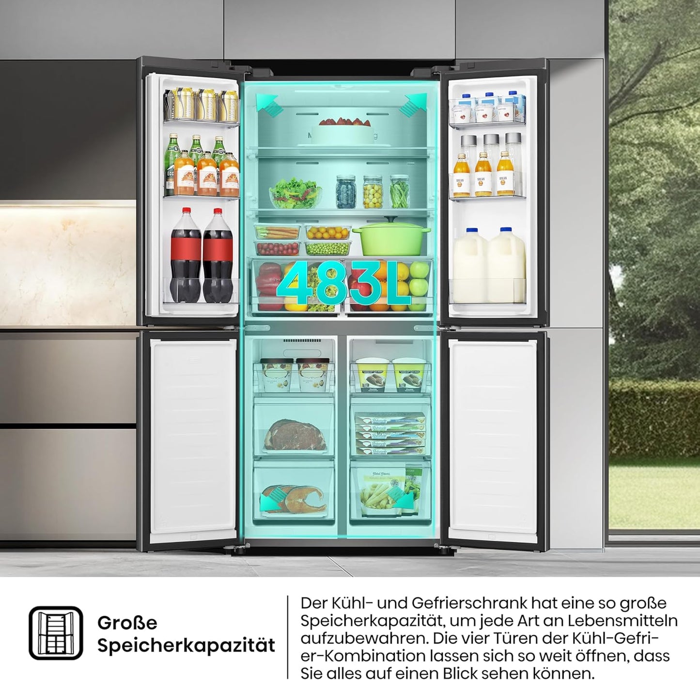 Hisense RQ5P470SAFD Cross-Door Fridge-Freezer, 304 Litre Fridge Compartment, 179 Litre Freezer, Total NoFrost, Wifi, Multi AirFlow, FastFreeze, Energy Efficiency Class D, 178.5 cm x 79.4 cm, Black