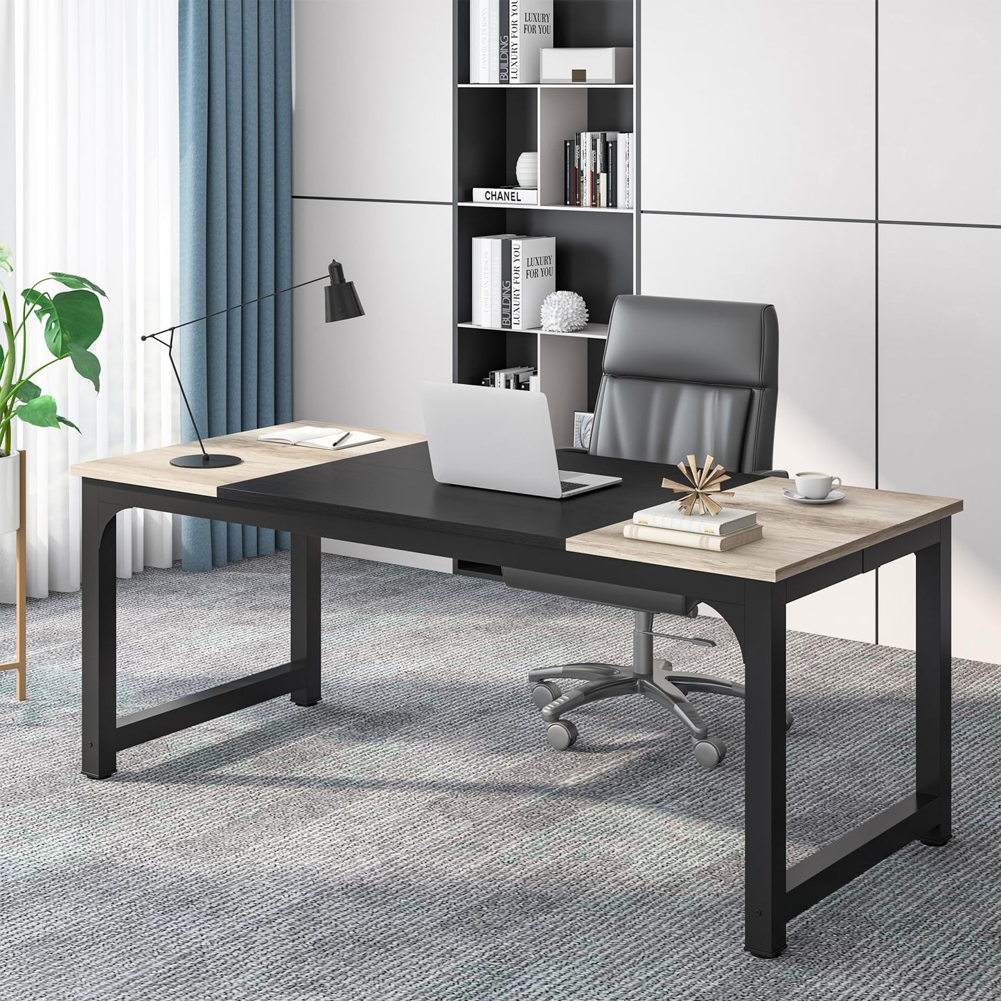 Tribesigns Schreibtisch Computertisch, PC Tisch Bürotisch Arbeitstisch Esstisch in Schwarz für Home Office zu Hause Schreibtische, Konferenztisch (Rustikales Braun/Schwarz, 180 x 80 x 75 cm)