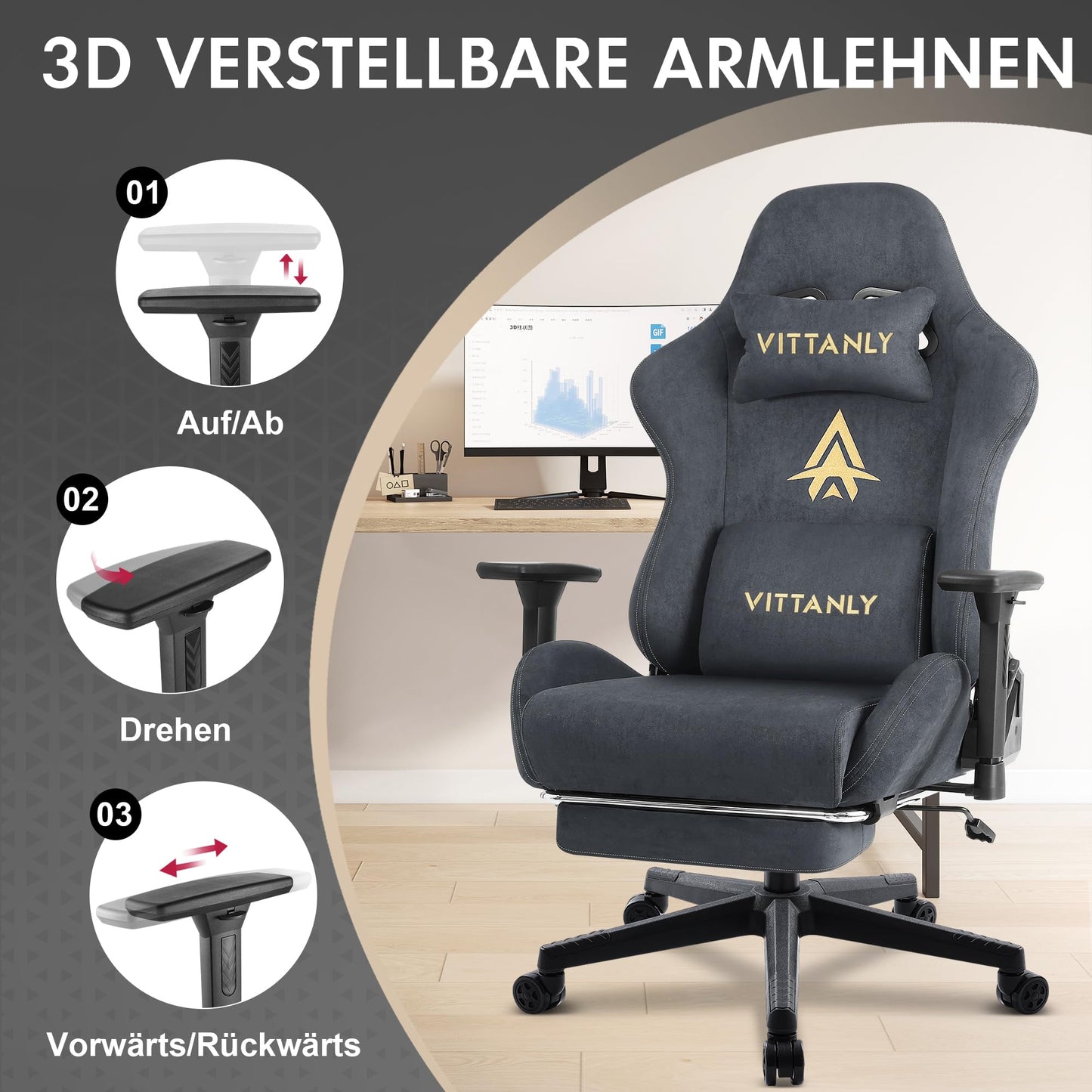 Vittanly Gaming Stuhl, Luxuriöser Wildlederimitat Gaming Chair Bürostuhl, Ergonomischer Schreibtischstuhl mit Fußstütze Kopfstütze und Lendenkissen, 3D Armlehnen, 90-155° Rückenlehne, Weinrot