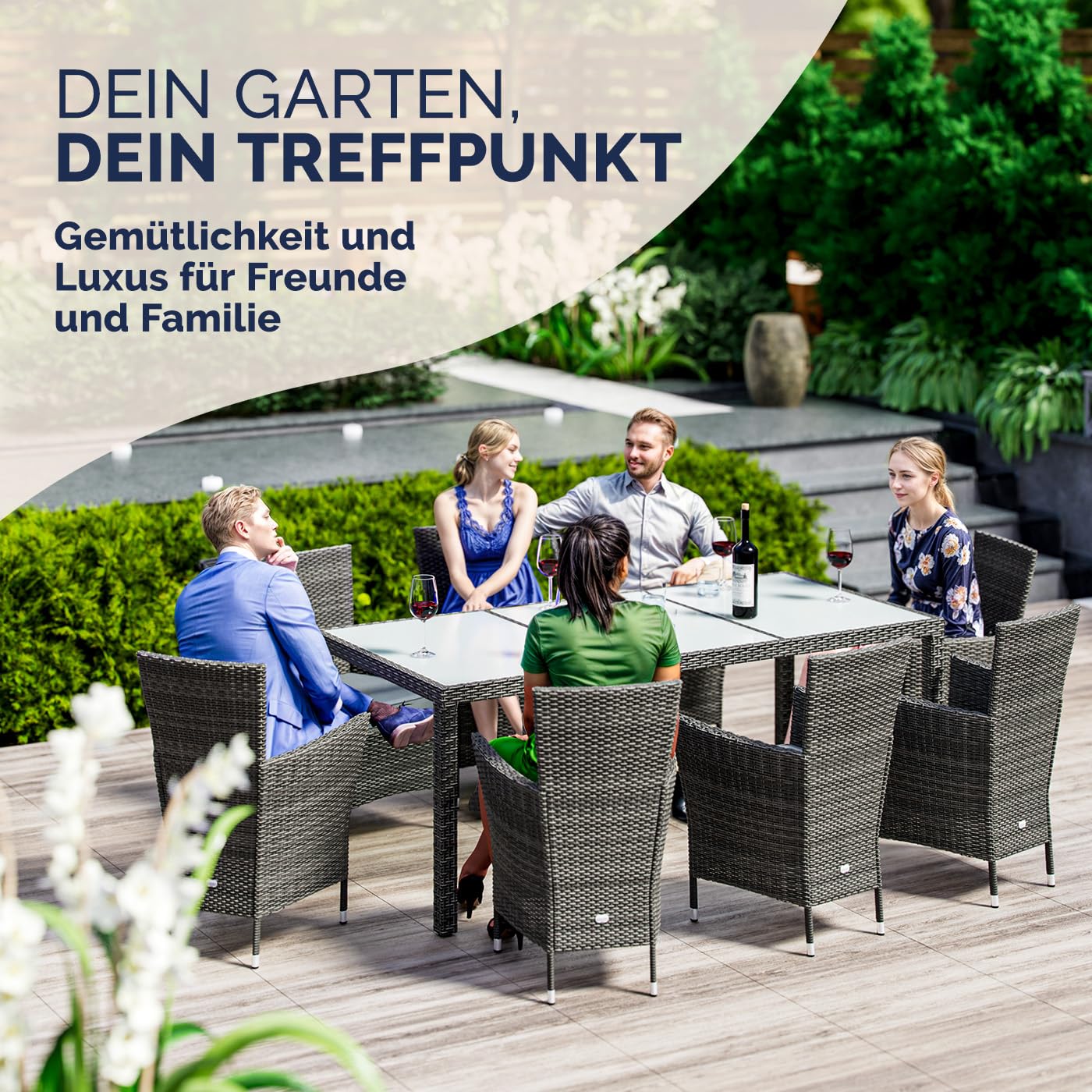 Casaria® Gartenmöbel Set 8 Personen Stühle inkl. 7cm Polster & Abdeckung Tisch 190x90cm 160kg Belastbar Wetterfest Polyrattan Stapelbar Terrasse Möbel Grau