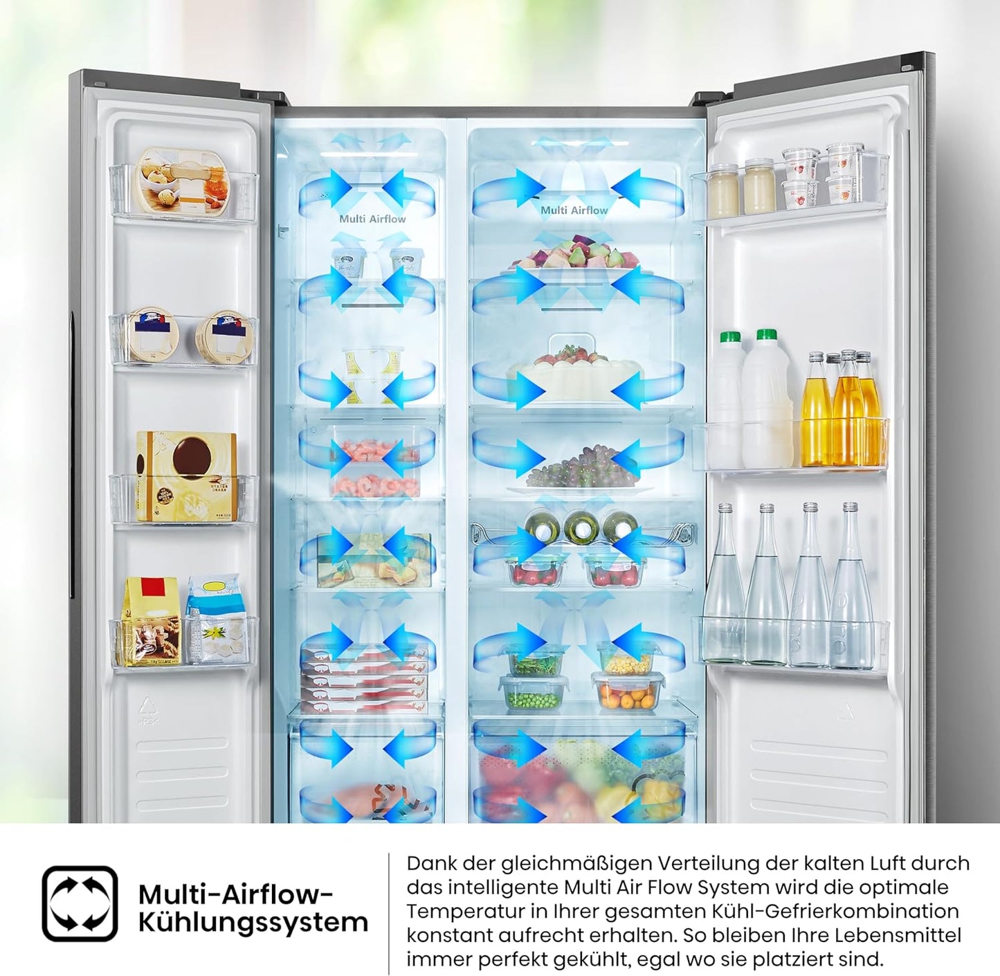 Hisense RS677N4BIE Side-by-Side Fridge Freezer / NoFrostPlus / Multiflow 360° / SuperCool / BigBox / 179.3 cm / Fridge Capacity 334 L / Freezer Capacity 185 L / 42 dB / 309 kWh Year / Stainless Steel Look