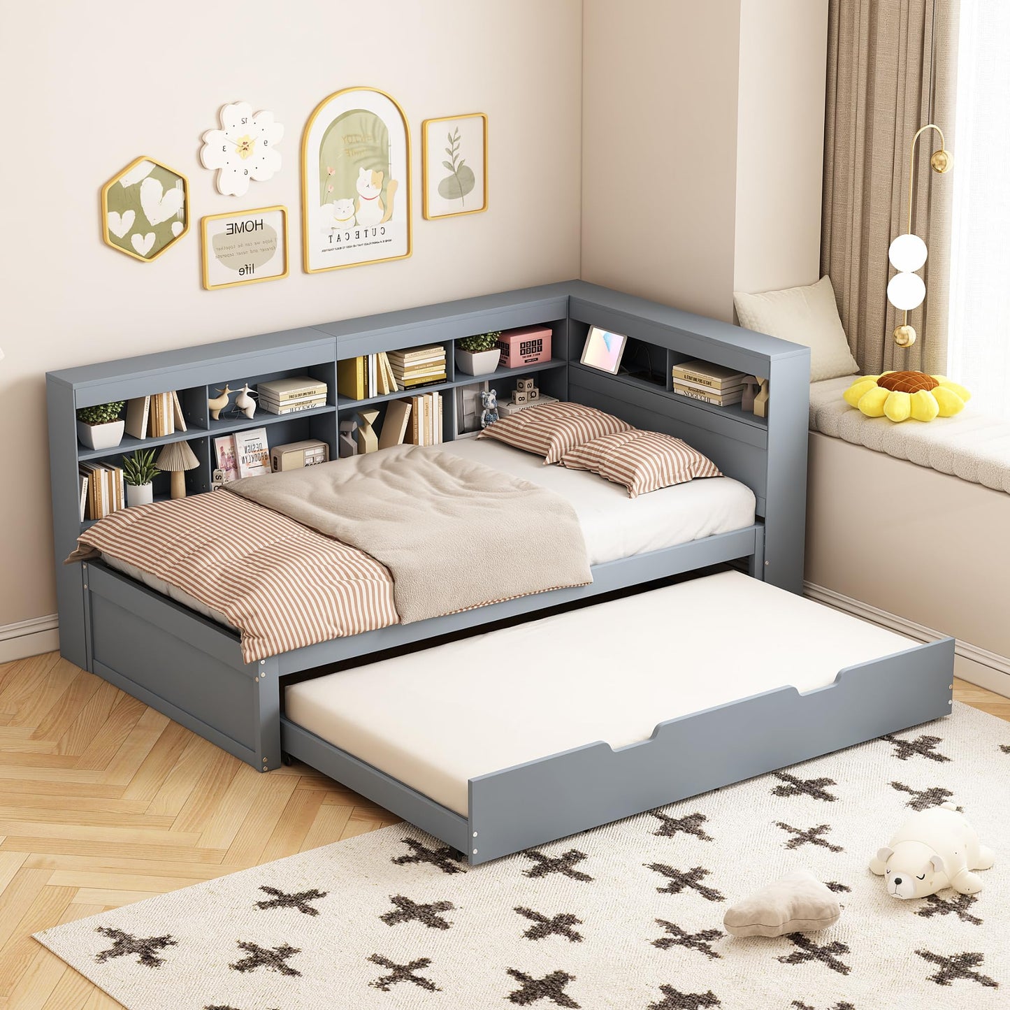 xixiworkshop Kinderbett 90x200cm Ausziehbett Bett mit Stauraum und USB-Steckdose/Mehreren Ablagefächern multifunktionales Jugendbett/Gästebett/Doppelbett mit Stauschrank Lattenrost,Ohne Matratze,Grau