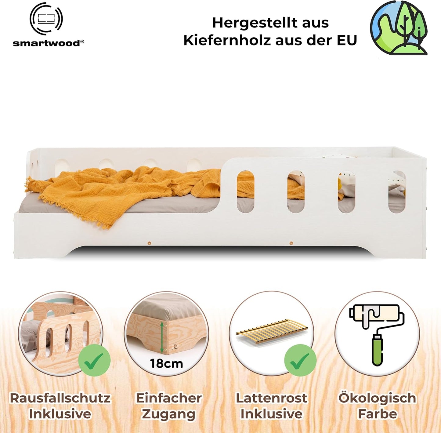 smartwood Kinderbett 80x160 Montessori Bett mit Rausfallschutz & Lattenrost - Kiefernsperrholz mit FSC-Zertifikat - für Jungen und Mädchen - Einfache Montage - TILA 1L