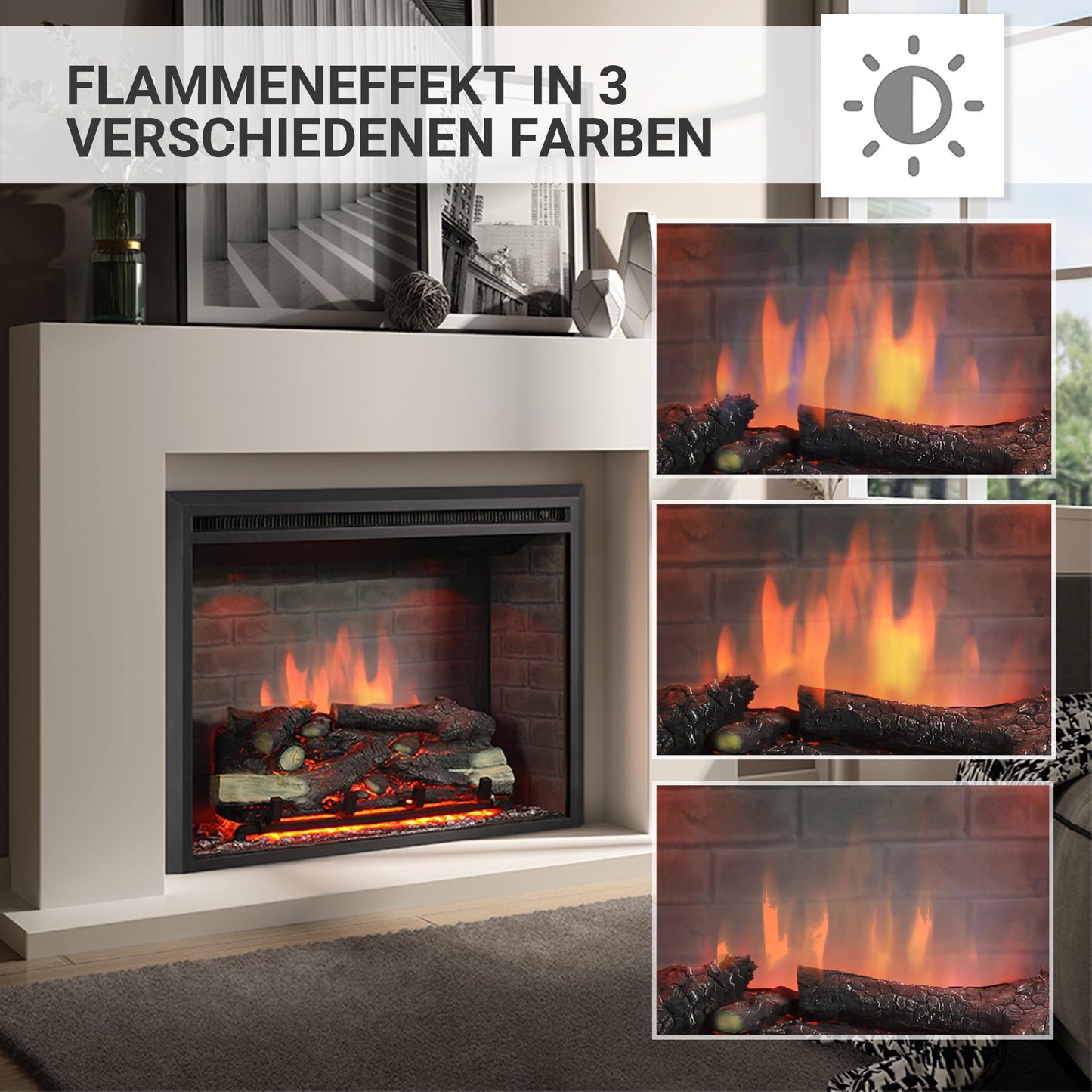 BALDERIA Calida 26" Elektrokamin - Elektrischer Einbaukamin mit 3D-Flammeneffekt | Elektro Heizung 2000W | Knister-Sound | Kamin mit Fernbedienung & Thermostat | Schwarz