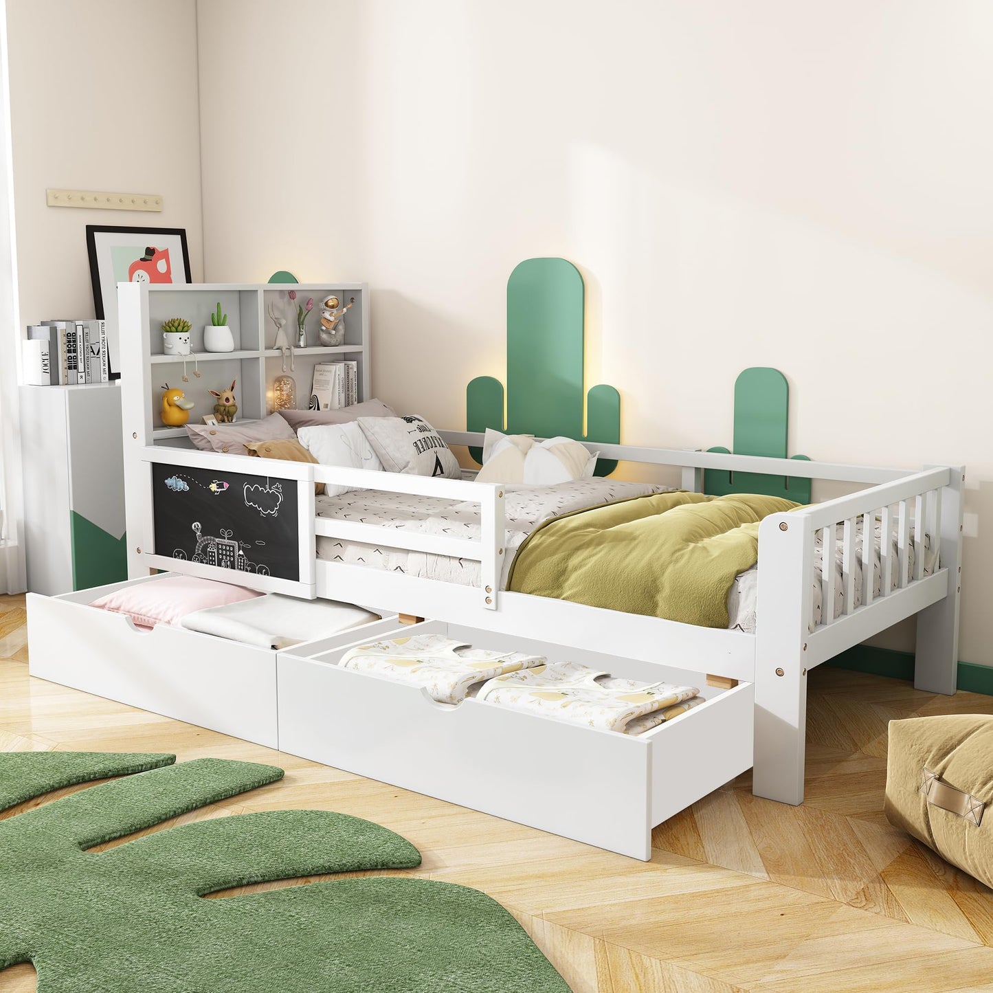 Children's Bed 90 x 200 cm, Wooden Bed with Drawers and Board, Headboard with Bookshelf and Fall Protection, Bed with Slatted Frame and Storage Space, Teenager's Bed, Functional Bed, Wooden Bed Frame,