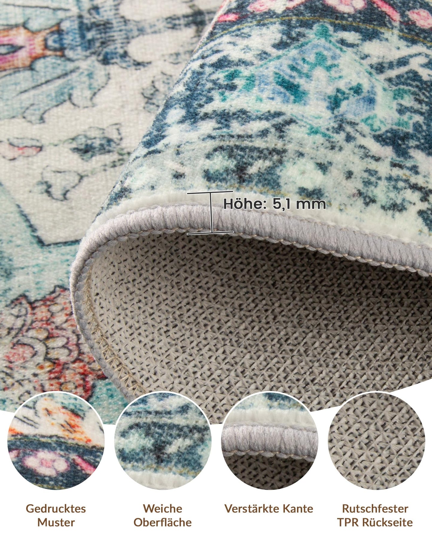 INOVADAY Vintage Waschbarer Teppich Wohnzimmer 90x150 cm Boho Kurzflor rutschfest Teppich Weich Teppiche mit Druckmuster für Schlafzimmer, Esszimmer, Büro Beige/Blau/Orange