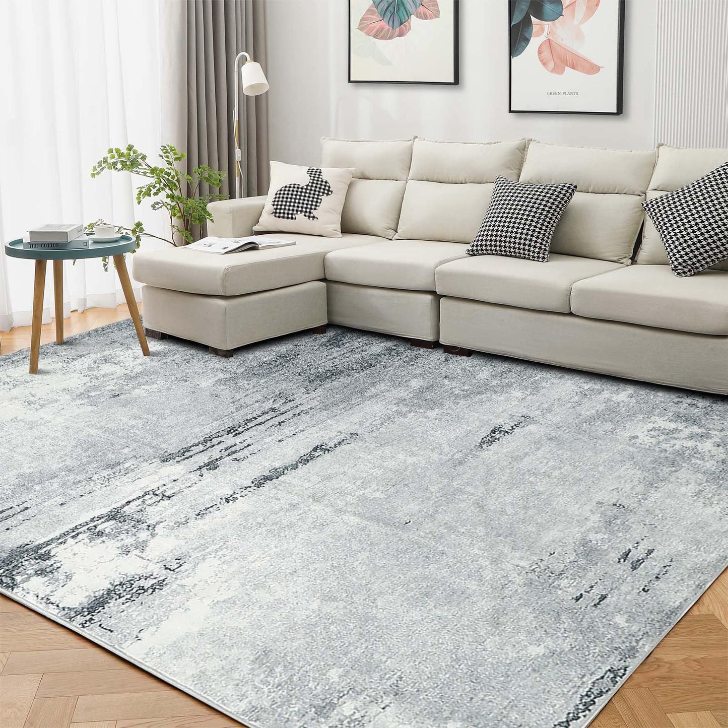 Guchuang Bedding Living Room Rug 140 x 200 cm, Grey Green Rug Vintage Mottled Smudged Design Short Pile Rugs, Washable Non-Slip Rugs for Bedroom