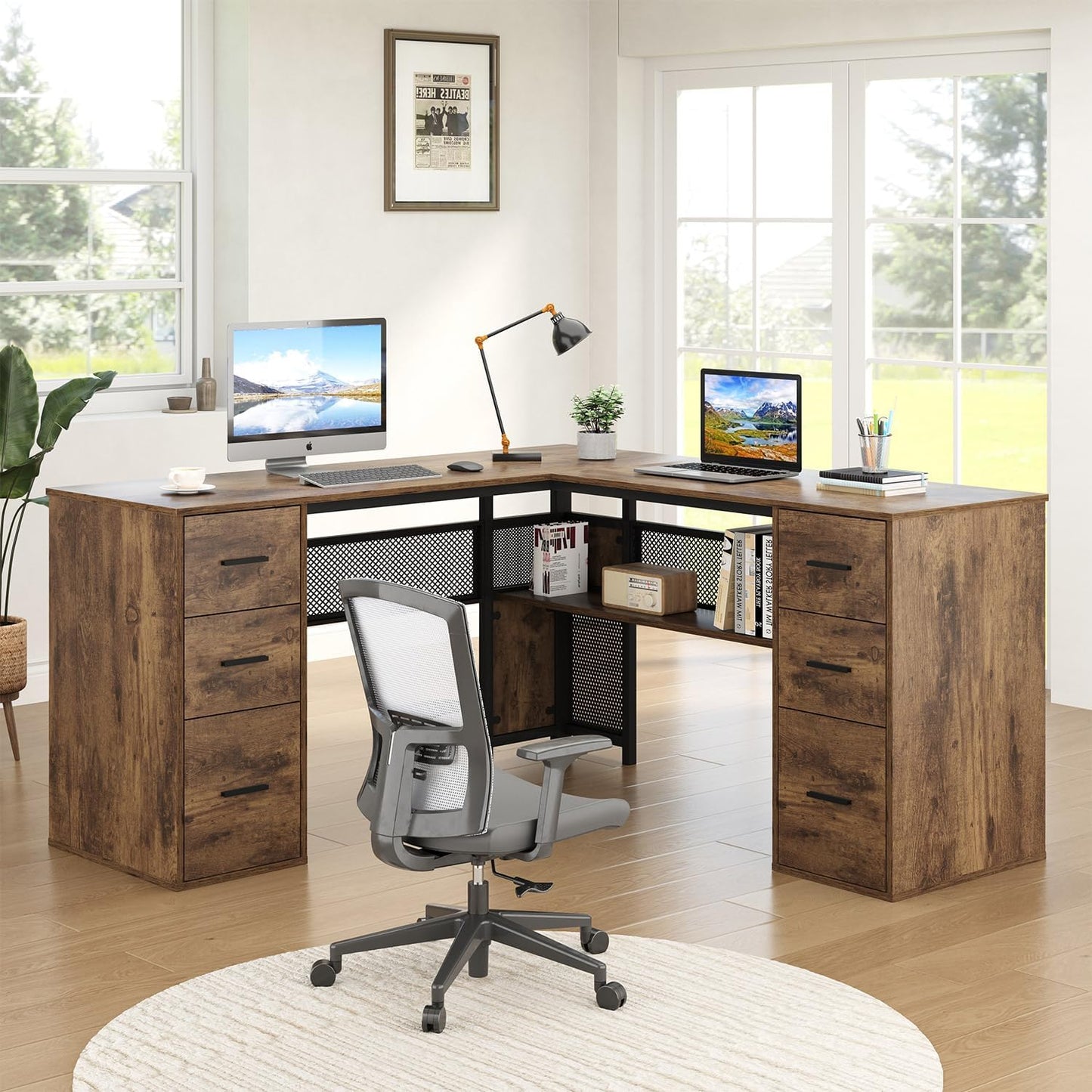 HSH - Black L Shape Corner Desk with Filing Drawers and Shelves, Reversible Corner Desk Made of Metal and Wood with Storage Cabinets