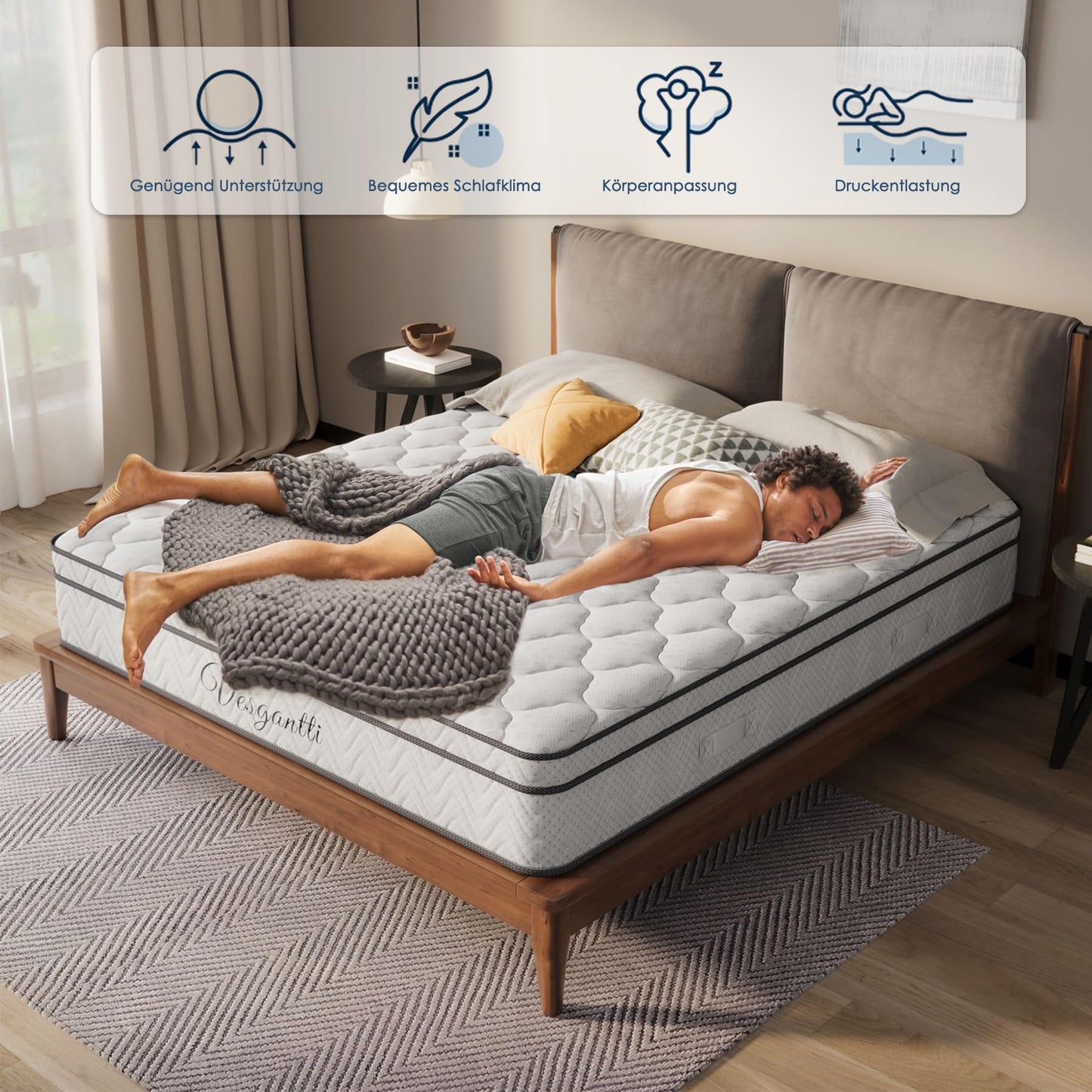 Vesgantti Matratze 180x200 höhe 22cm H3 7-Zonen Taschenfederkernmatratze Mittelfeste Orthopädischem Kaltschaummatratze Öko-Tex Zertifiziert Matratzen Klassik BoxTop