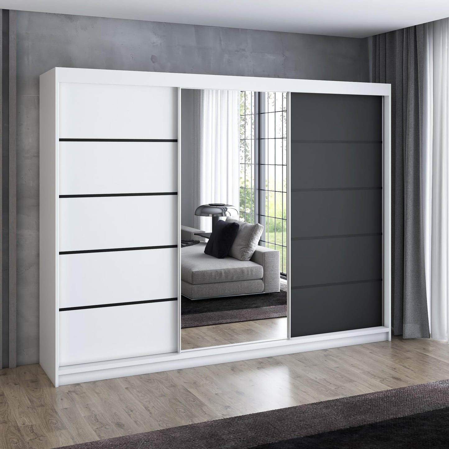 A&J MöbelLand Schwebetürenschrank VILANO 2, 3-türig Schrank 200 cm Kleiderschrank mit 4 Schubladen, und Spiegel (Weiß, Schwarz, Somona) (Schwarz/schwarz/schwarz)