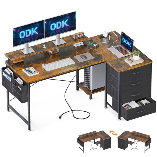 ODK Corner Desk with 4 Fabric Drawers, 140 x 80 cm, Desk L Shape Reversible with USB Charging Port and Socket, L Shaped Desk with Monitor Shelf for Home Office, White