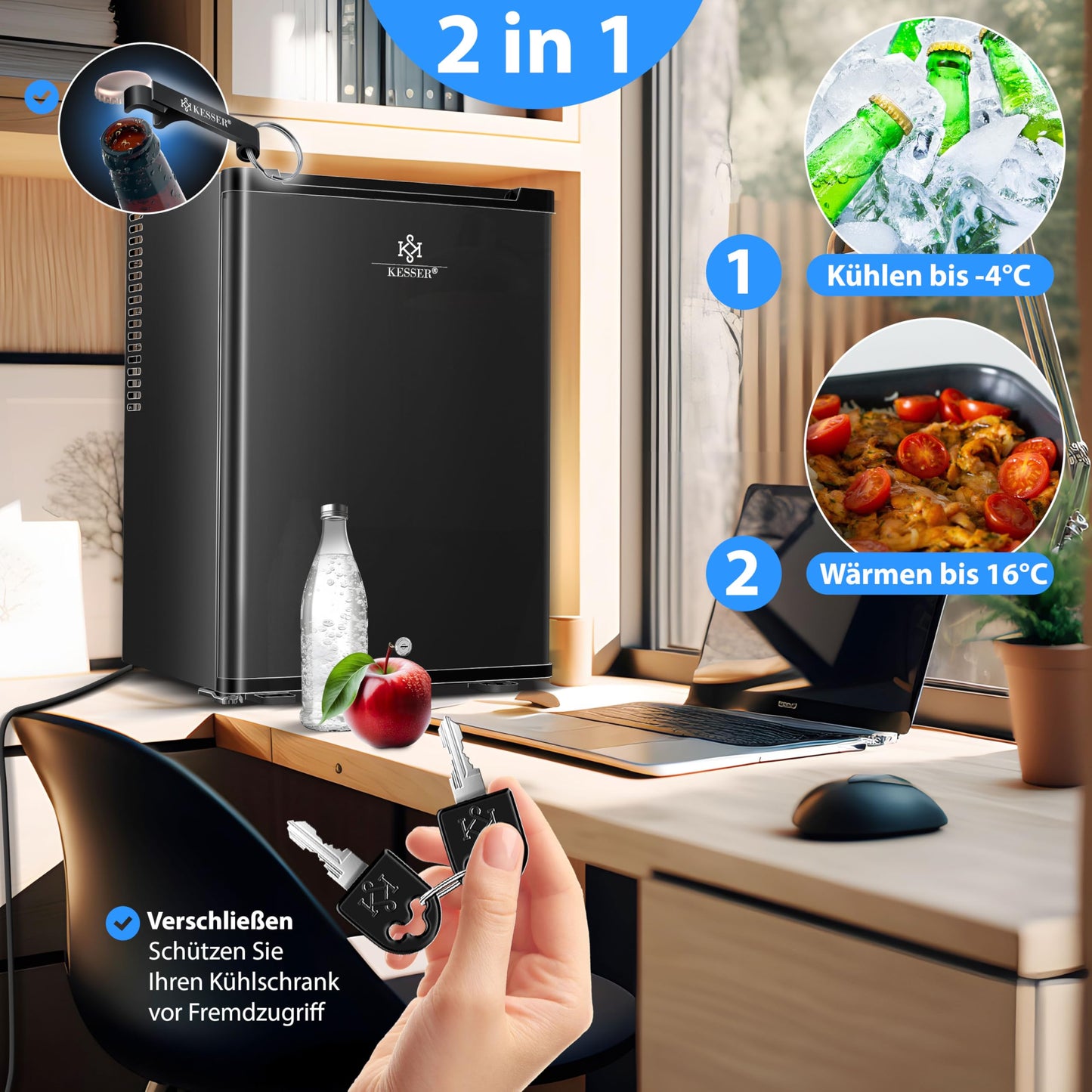 KESSER® Mini Fridge 40 L Lockable Mini Bar Ideal for Camping, Office, Bedroom, Hotel, Kitchen, Small Fridge Completely Silent, Interchangeable Door Hinge, Interior Lighting with Glass Opener