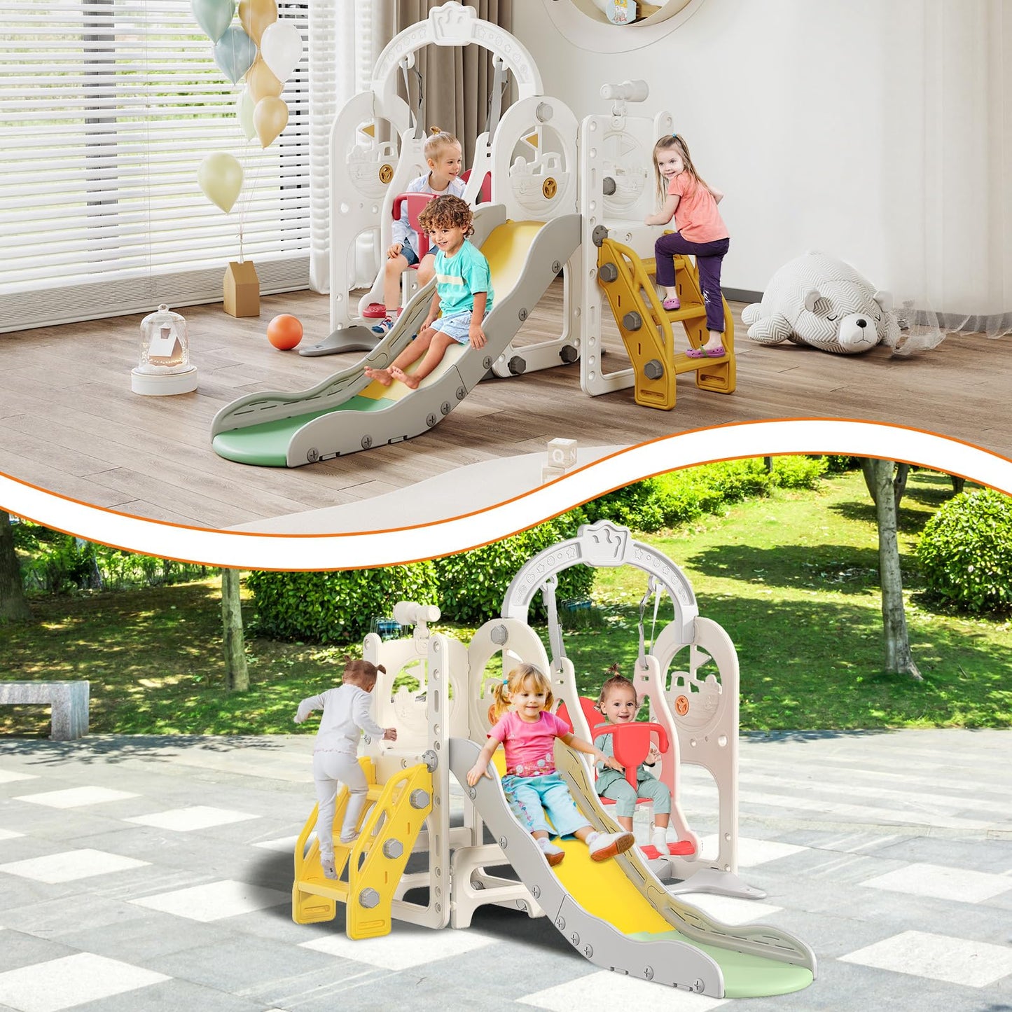 DADEA 6 in 1 Kinderrutsche mit Korb, Rutsche und Schaukel für Kinder im Freien Grün, 150 × 150 × 115 cm, Babyschaukel und Rutsche für Kinder zu Hause Schaukel Kinderrutsche, Grün
