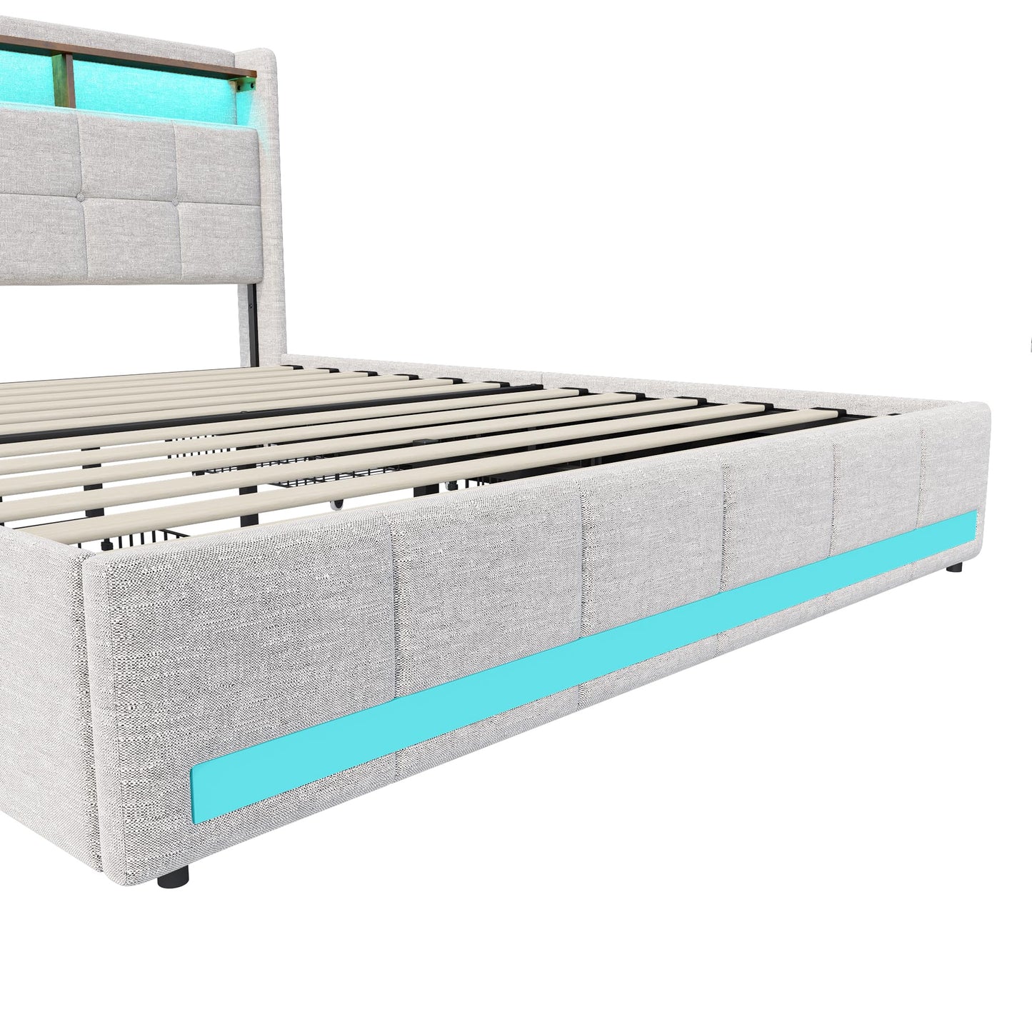 KeepGoon Doppelbett 140 x 200 cm,Polsterbett mit LED-Leuchten, 4 Eisenschubladen und einem USB Ladeanschluss,Stauraumbetten Bettgestell,Leinenstoff (Beige)