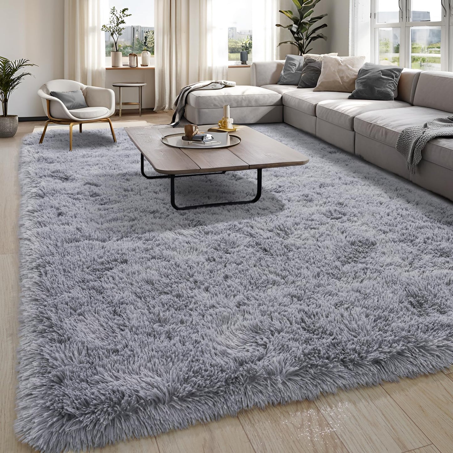 BSGIFT High Pile Rug, Grey, 160 x 230 cm, Shaggy Long Pile Fluffy Rug, Living Room, Modern Living Room Rug, Bed Rug, High-Pile Carpet, Non-Slip for Bedroom, Children's Room