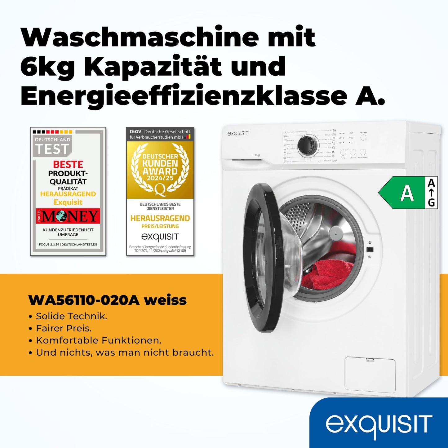 Exquisit Waschmaschine 6kg, Energieeffizienzklasse A, max. 1000 U/min, ECO 40-60, Kurzprogramm, Kindersicherung, 16 Waschprogramme, WA56110-020A weiss
