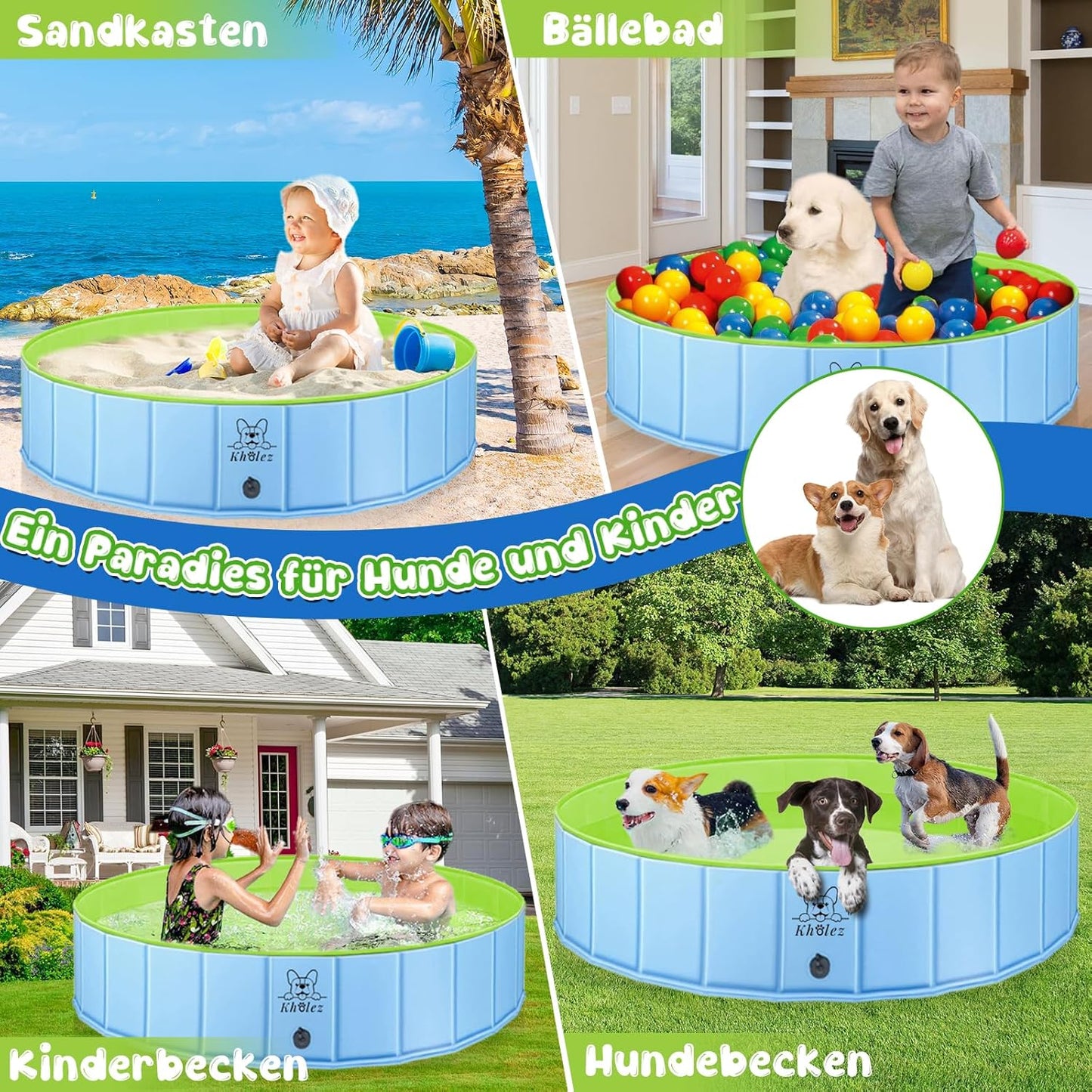 KHOLEZ Hundepool, 120 x 30CM Hundebadewanne für Große Kleine Hunde, Faltbarer Hund Planschbecken für Kinder, Tragbar Swimmingpool Schwimmbecken rutschfest mit Badebürste Ablassventil PVC-Aufnäher x 4