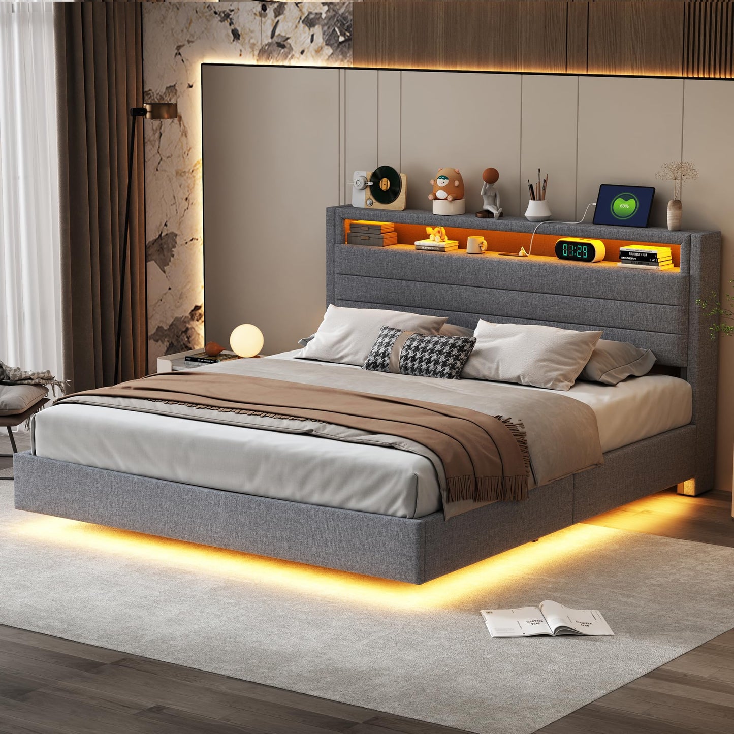 LAKFEW Upholstered Bed 140 x 200 cm, Double Bed Functional Bed with USB Socket and LED Lighting, Hanging Bed Headboard with Concealed Storage Space, Bed Frame Bed with Slatted Frame, Linen, Without