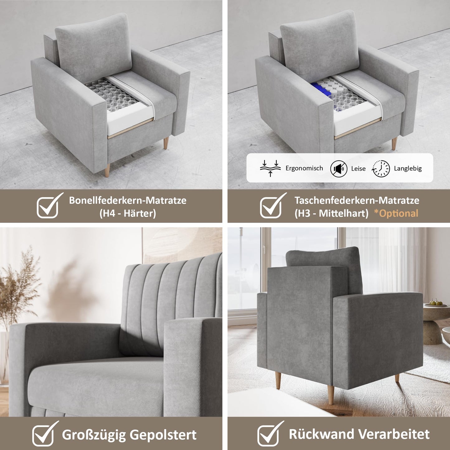 MOTIVENA Leo Sofa Set, Sofa Set 3 2 1 Living Room, Sofa 3 2 1 Set, Couch Set, Futon Set, Living Room Couch Set, Couch 3 2 1 Set, Bonell Spring Core (H4), Velvet, Grey Light Grey