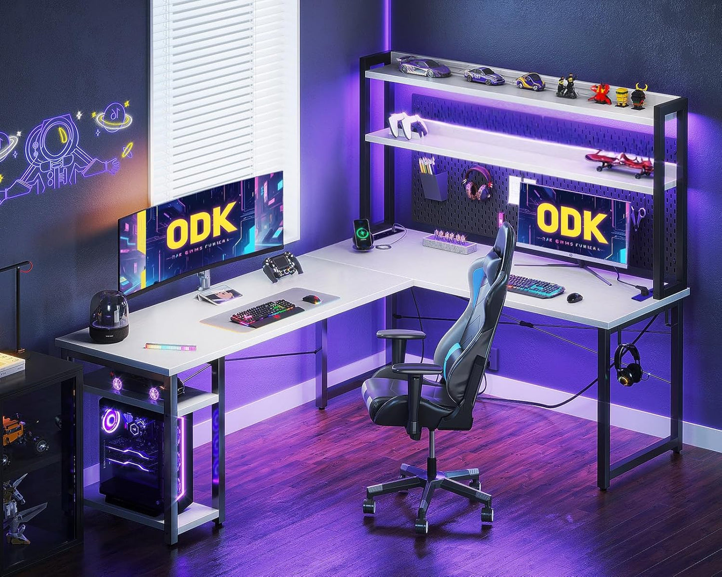 ODK Eckschreibtisch Weiß mit Stall, 150×120 cm Reversibel Gaming Tish L Form mit LED, Computertisch mit USB-Ladeanschluss&Steckdose, Gaming Schreibtisch für das Heimbüro